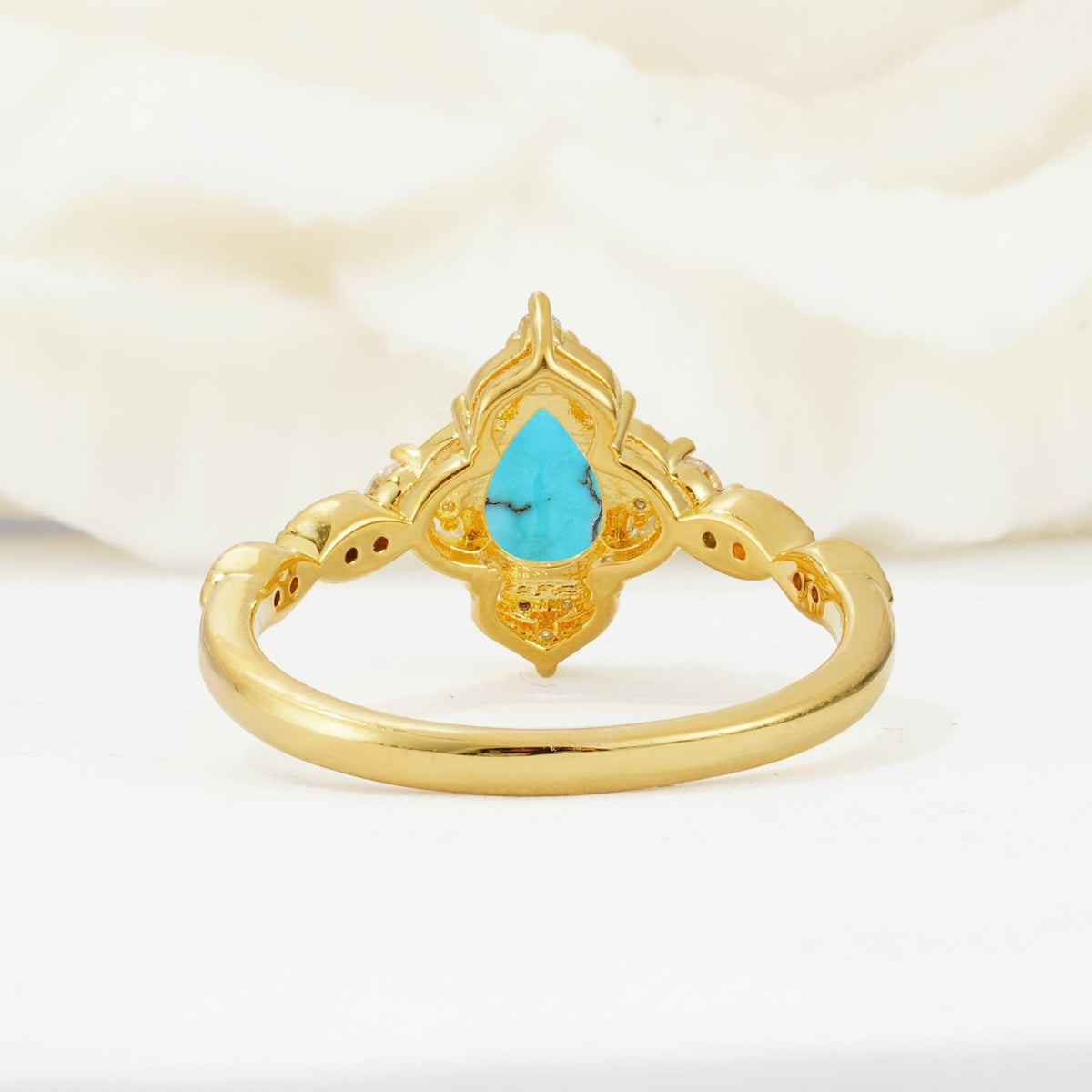 Vintage Pear Cut Turquoise Scalloped Halo Engagement Ring - Additional view