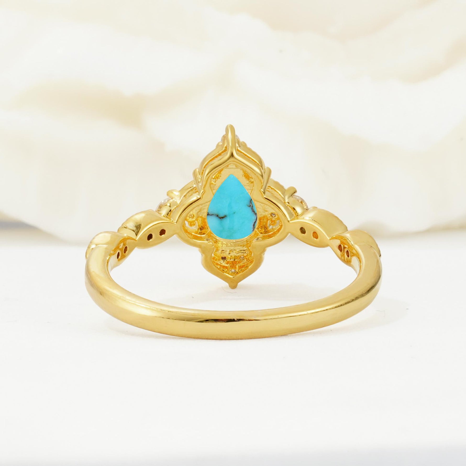Vintage Pear Cut Turquoise Scalloped Halo Engagement Ring - Additional view