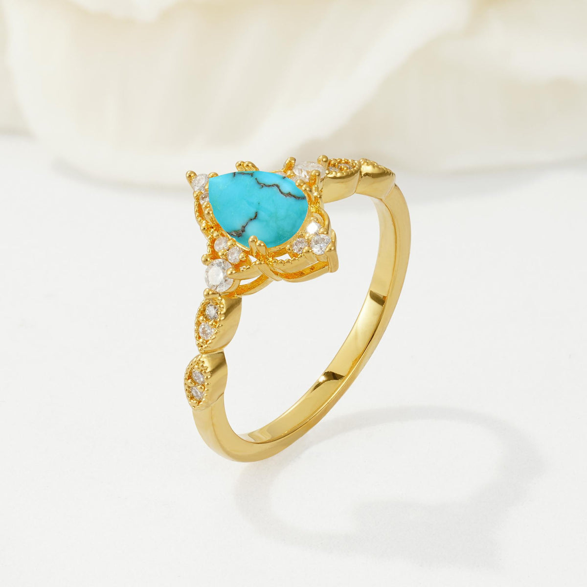 Vintage Pear Cut Turquoise Scalloped Halo Engagement Ring - Additional view