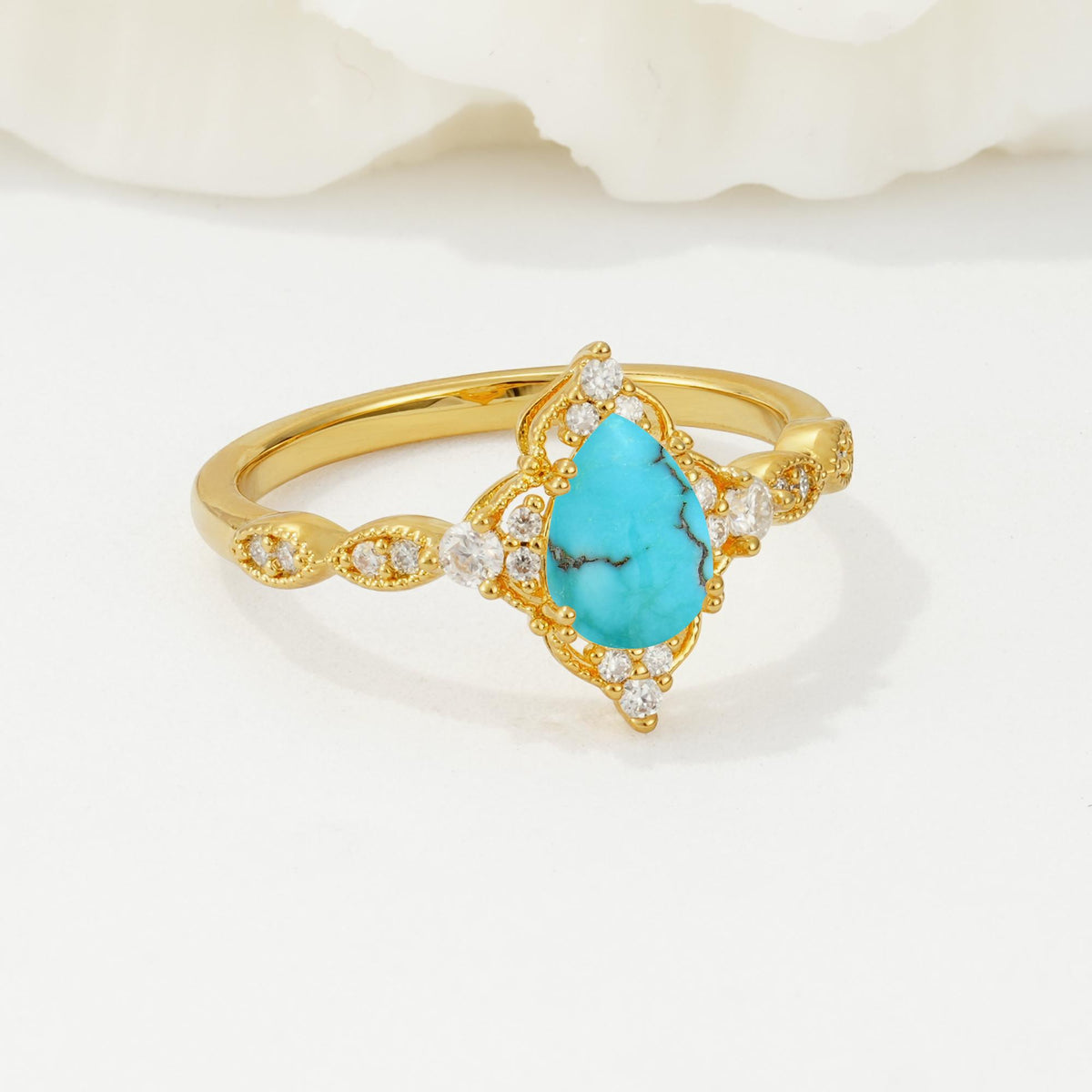 Vintage Pear Cut Turquoise Scalloped Halo Engagement Ring - Additional view