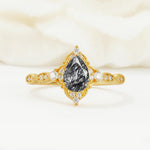Vintage Pear Cut Black Rutilated Quartz Scalloped Halo Engagement Ring - Additional view