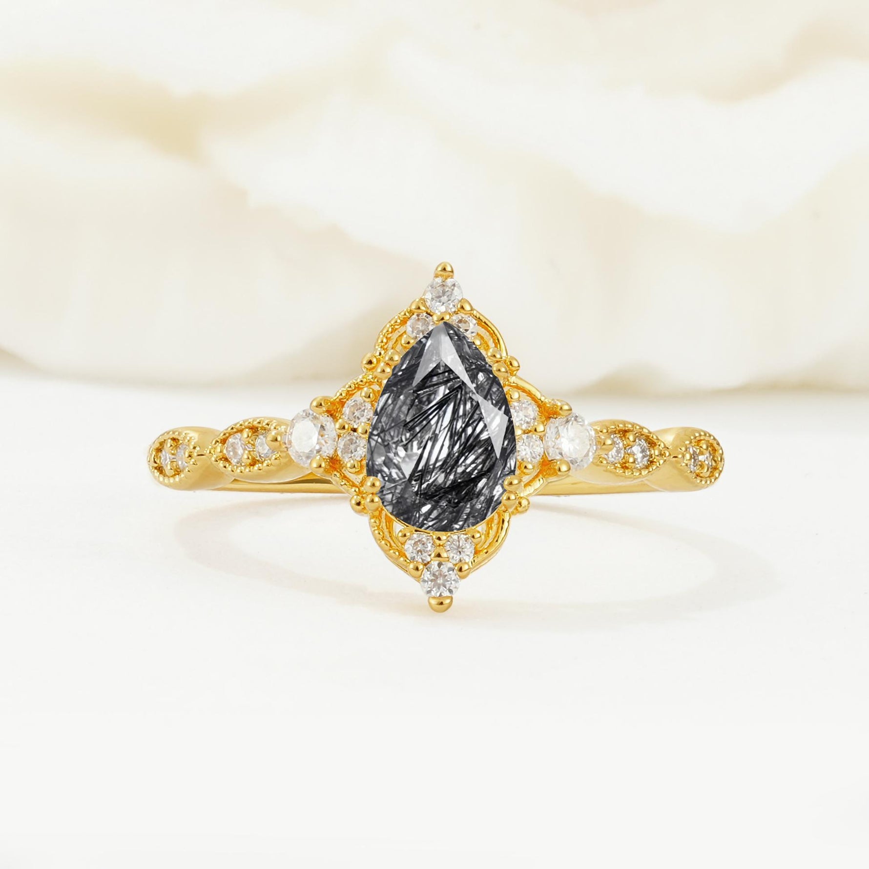 Vintage Pear Cut Black Rutilated Quartz Scalloped Halo Engagement Ring - Additional view