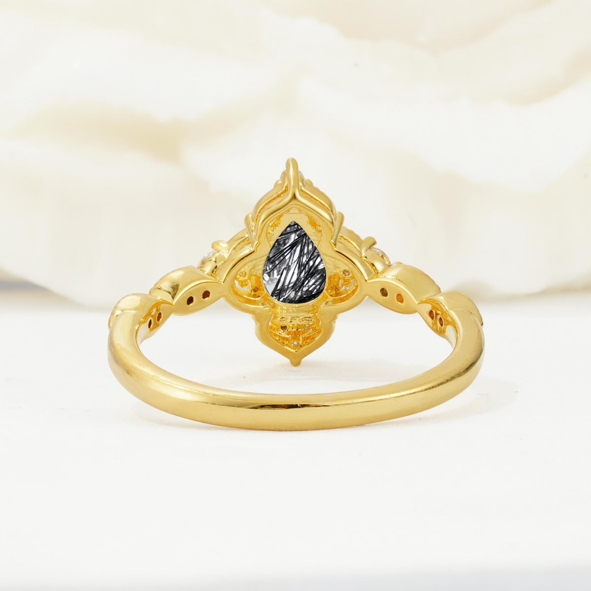 Vintage Pear Cut Black Rutilated Quartz Scalloped Halo Engagement Ring - Additional view