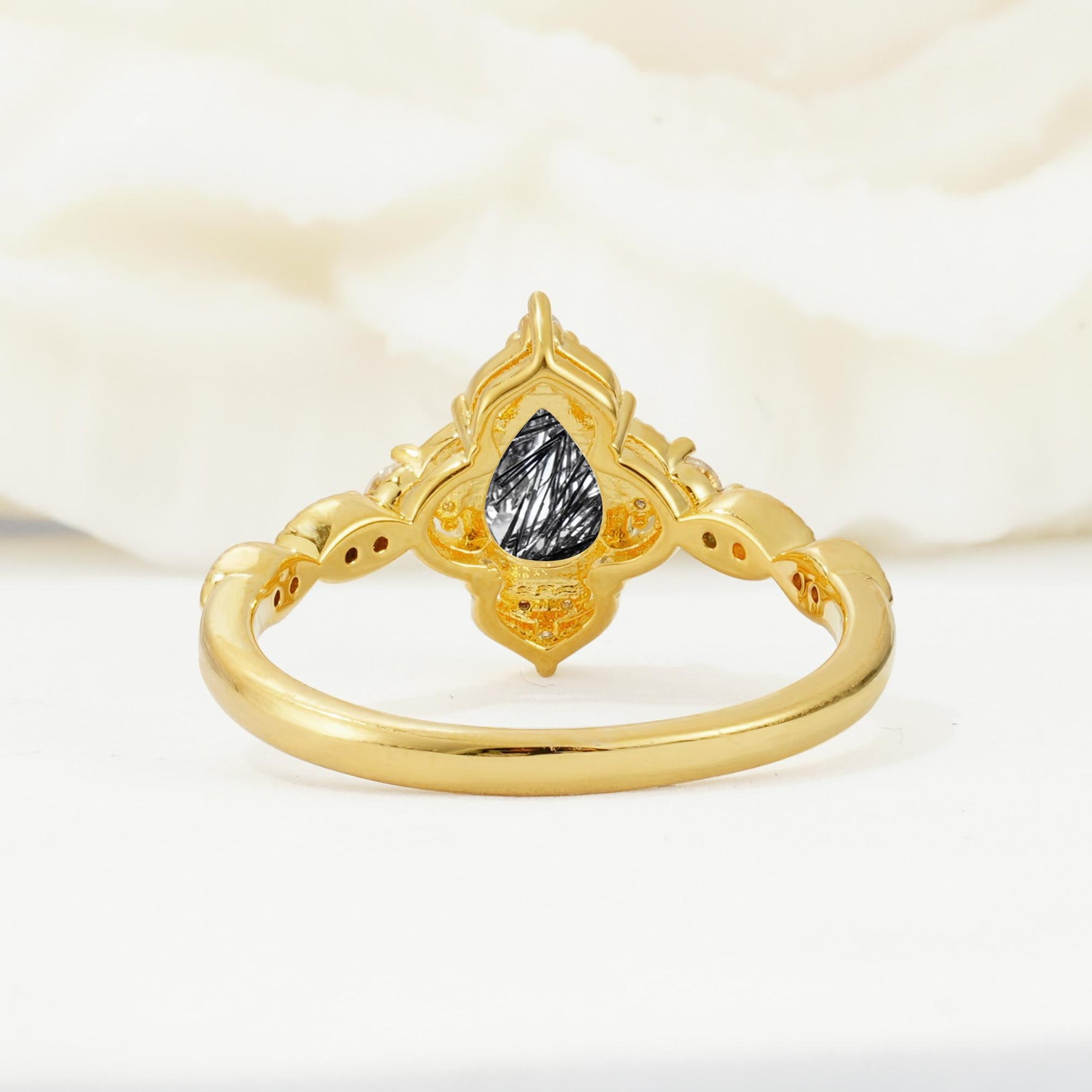 Vintage Pear Cut Black Rutilated Quartz Scalloped Halo Engagement Ring - Additional view