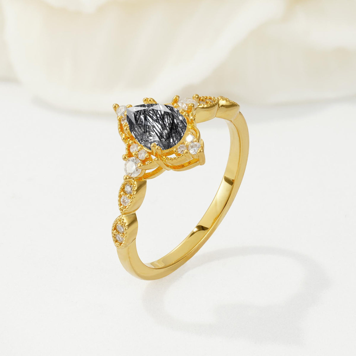 Vintage Pear Cut Black Rutilated Quartz Scalloped Halo Engagement Ring - Additional view