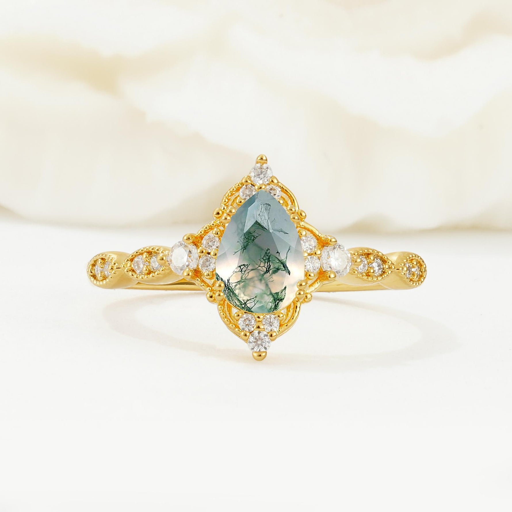 Vintage Pear Cut Moss Agate Scalloped Halo Engagement Ring - Additional view