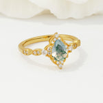 Vintage Pear Cut Moss Agate Scalloped Halo Engagement Ring - Additional view