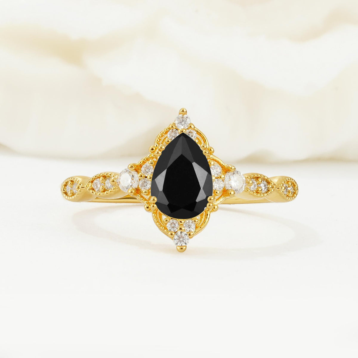 Vintage Pear Cut Black Onyx Scalloped Halo Engagement Ring - Additional view