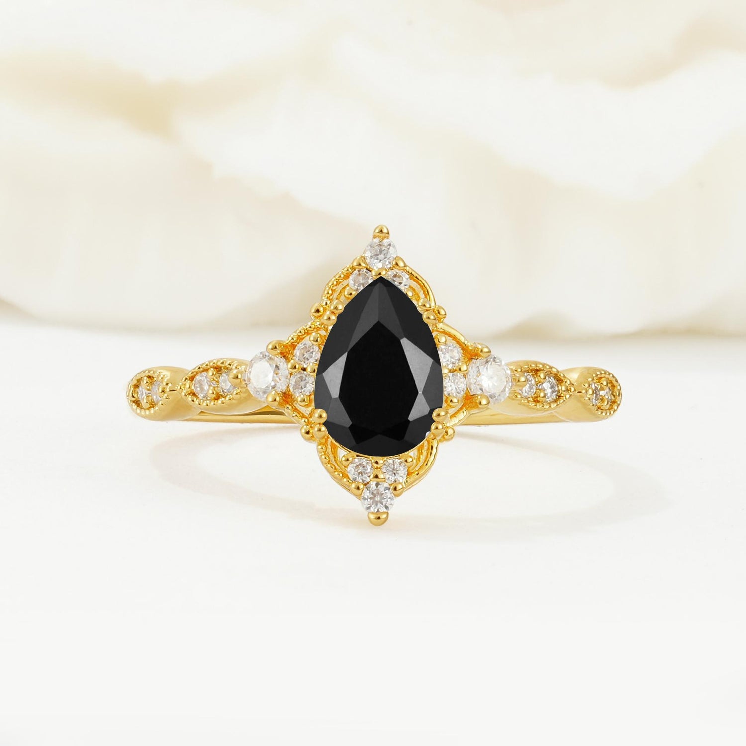 Vintage Pear Cut Black Onyx Scalloped Halo Engagement Ring - Additional view