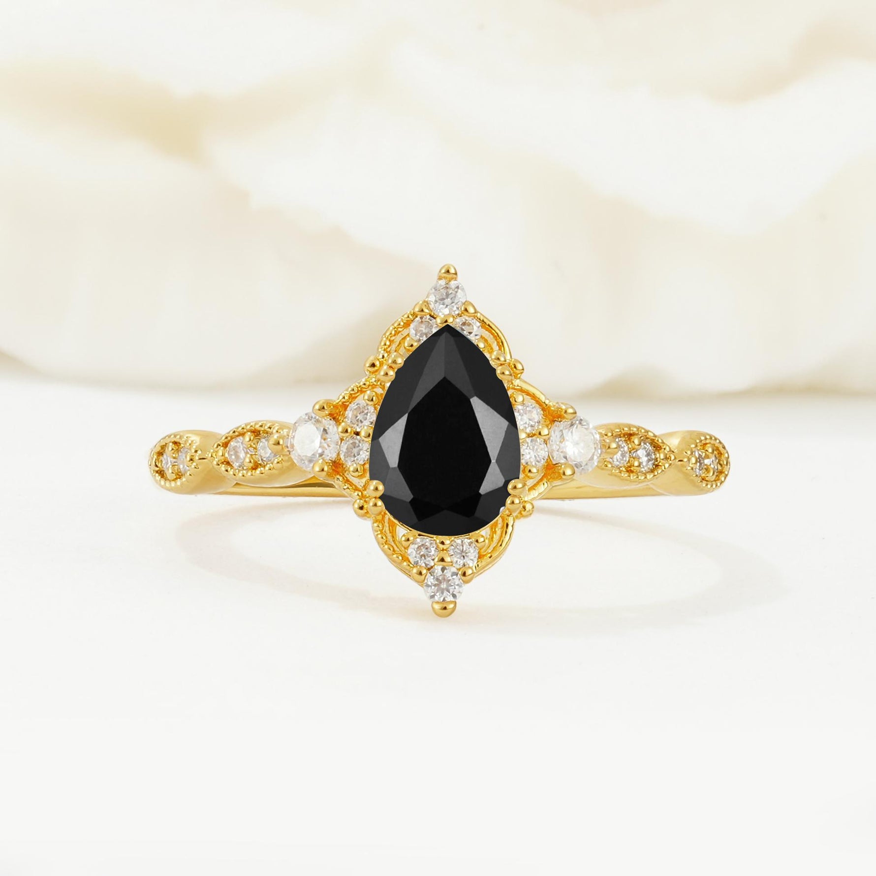 Vintage Pear Cut Black Onyx Scalloped Halo Engagement Ring - Additional view