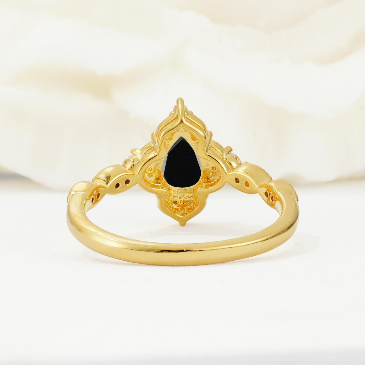 Vintage Pear Cut Black Onyx Scalloped Halo Engagement Ring - Additional view
