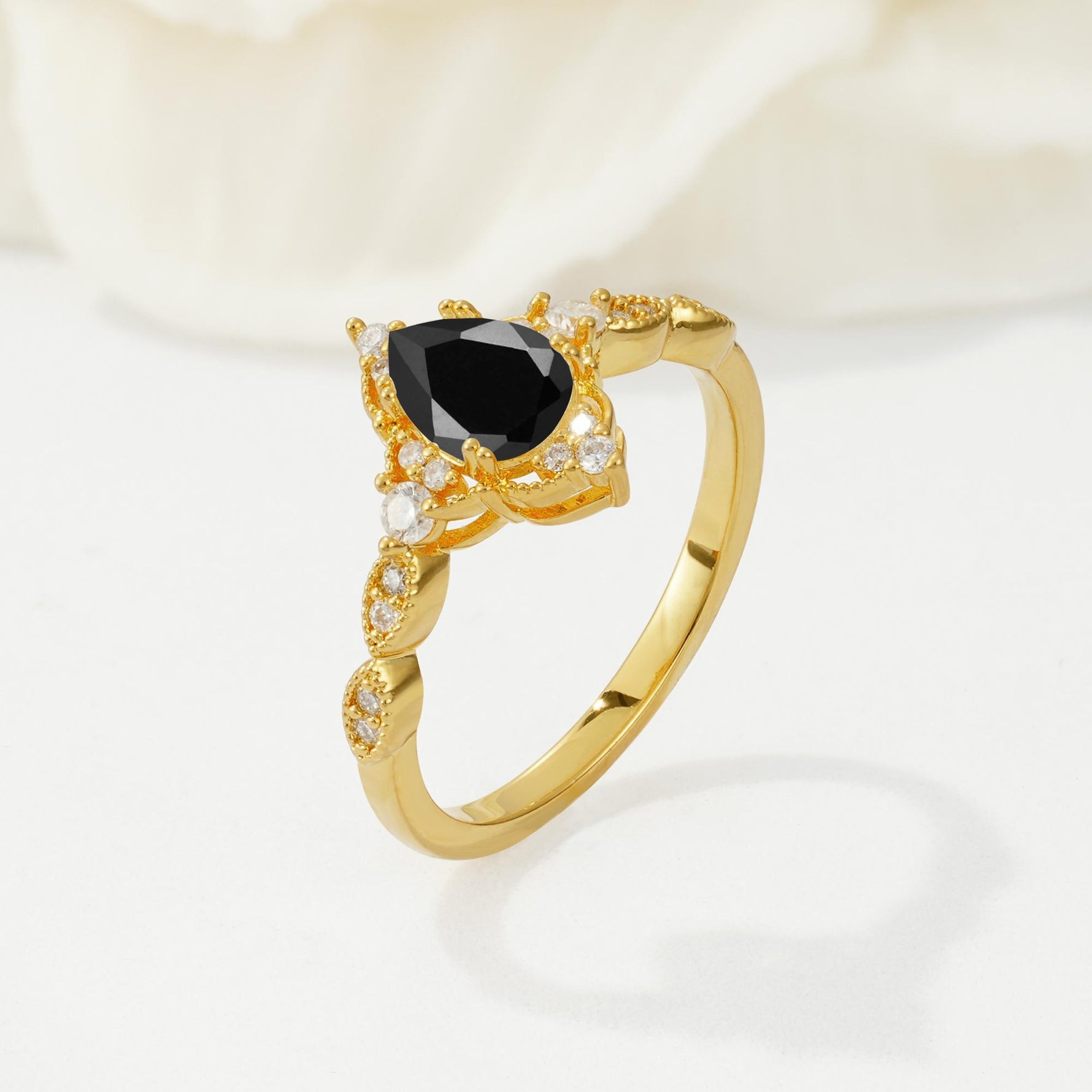 Vintage Pear Cut Black Onyx Scalloped Halo Engagement Ring - Additional view