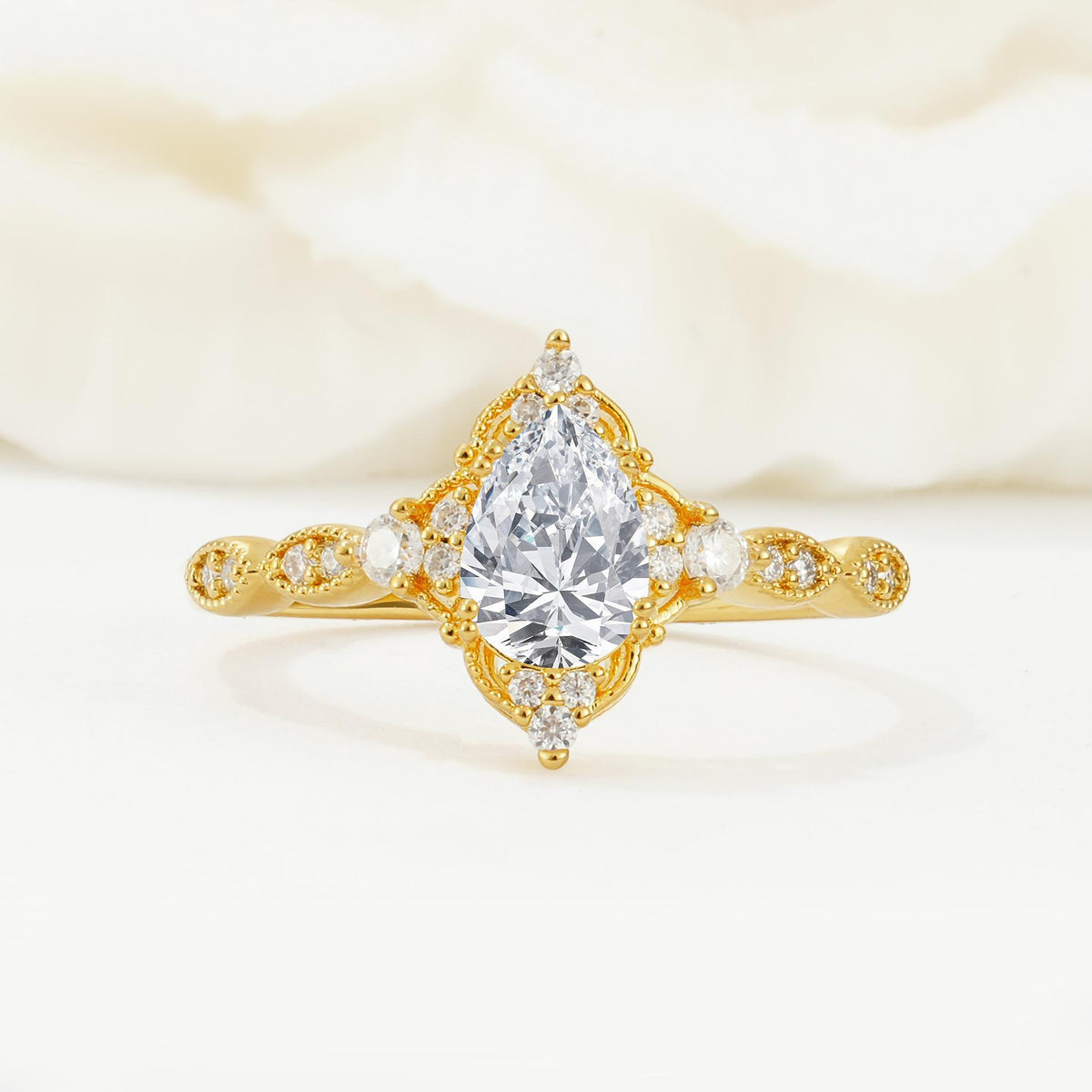 Vintage Pear Cut Lab Diamond Scalloped Halo Engagement Ring - Additional view