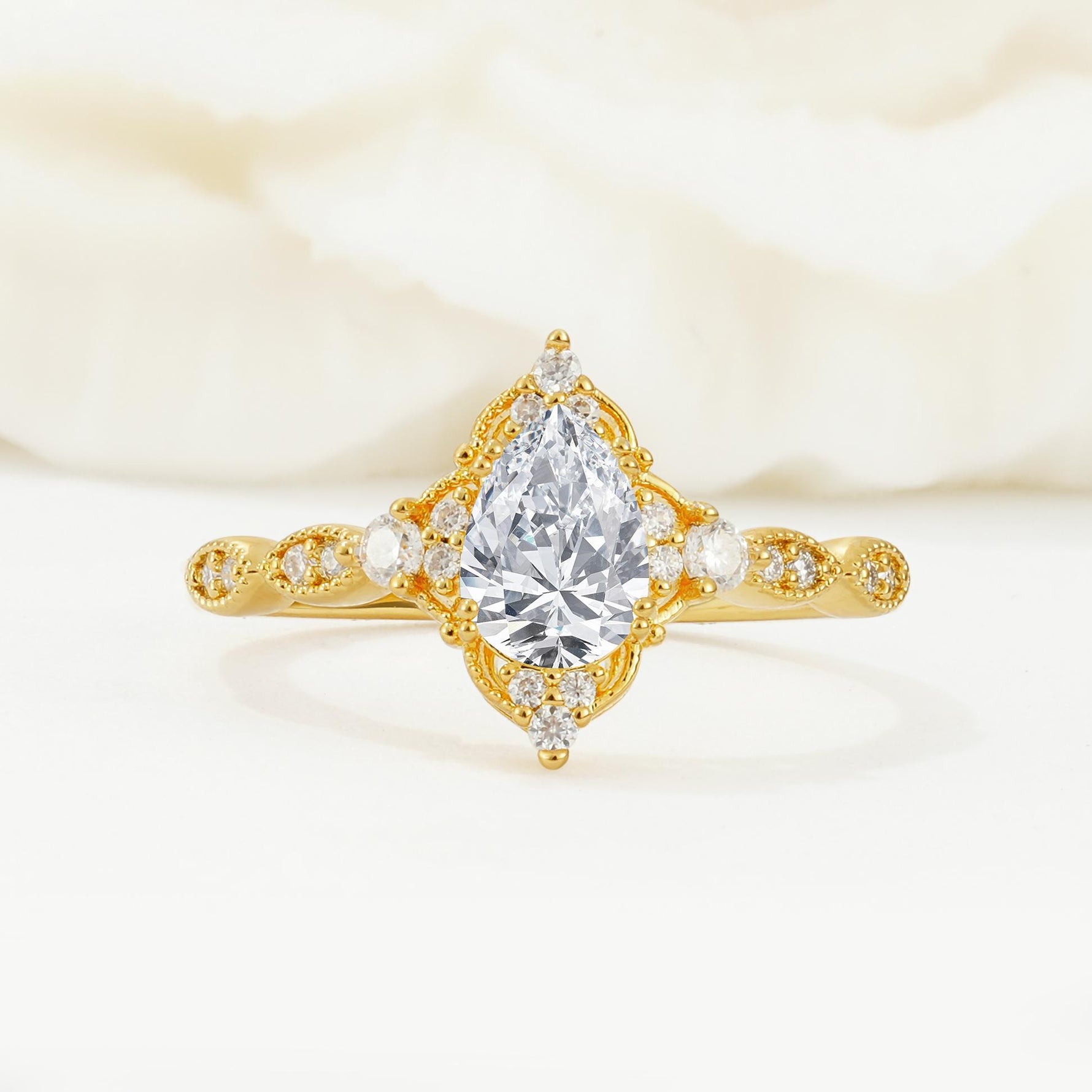 Vintage Pear Cut Lab Diamond Scalloped Halo Engagement Ring - Additional view