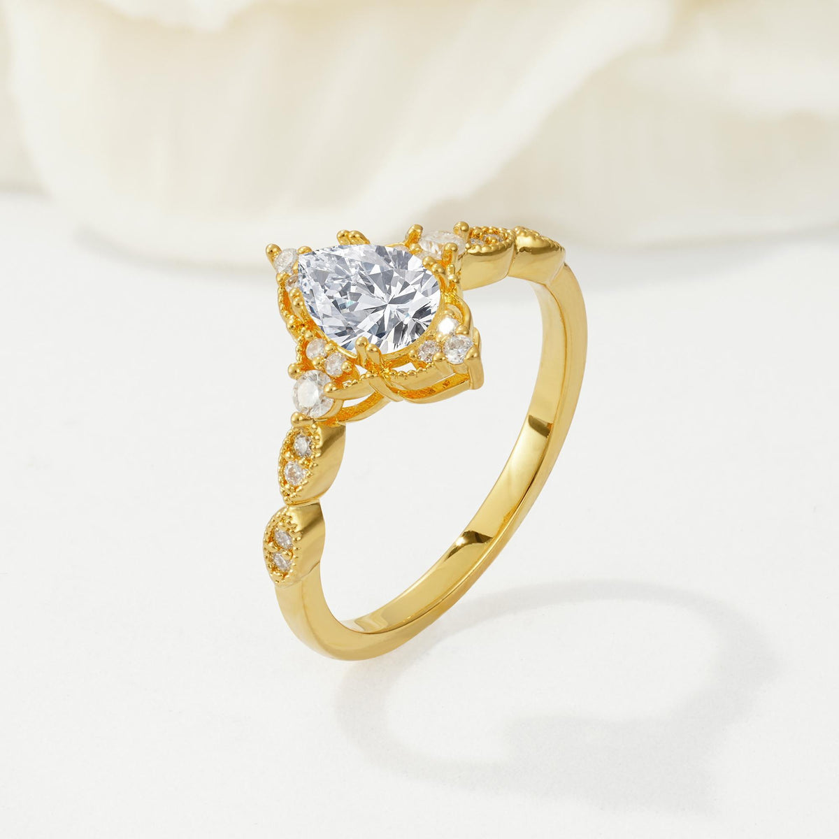 Vintage Pear Cut Lab Diamond Scalloped Halo Engagement Ring - Additional view