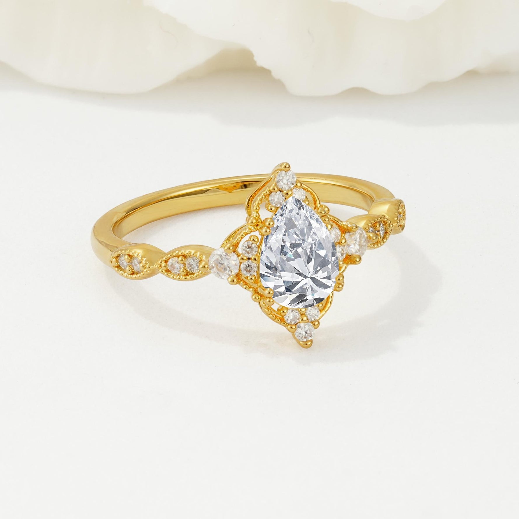 Vintage Pear Cut Lab Diamond Scalloped Halo Engagement Ring - Additional view