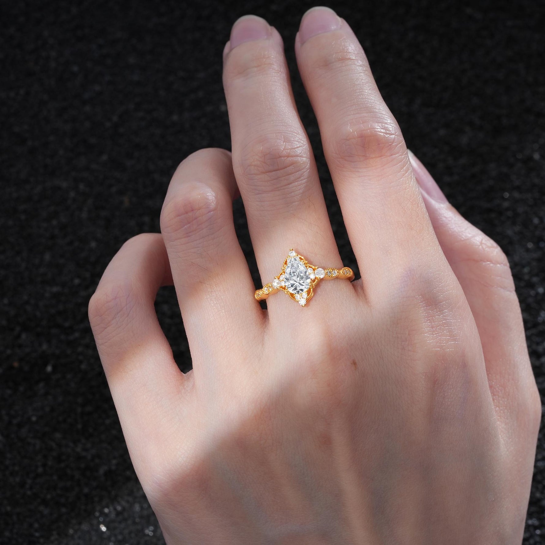 Vintage Pear Cut Lab Diamond Scalloped Halo Engagement Ring - Additional view