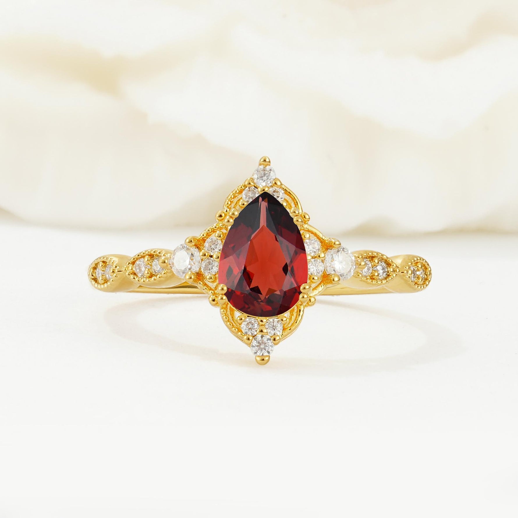 Vintage Pear Cut Garnet Scalloped Halo Engagement Ring - Additional view