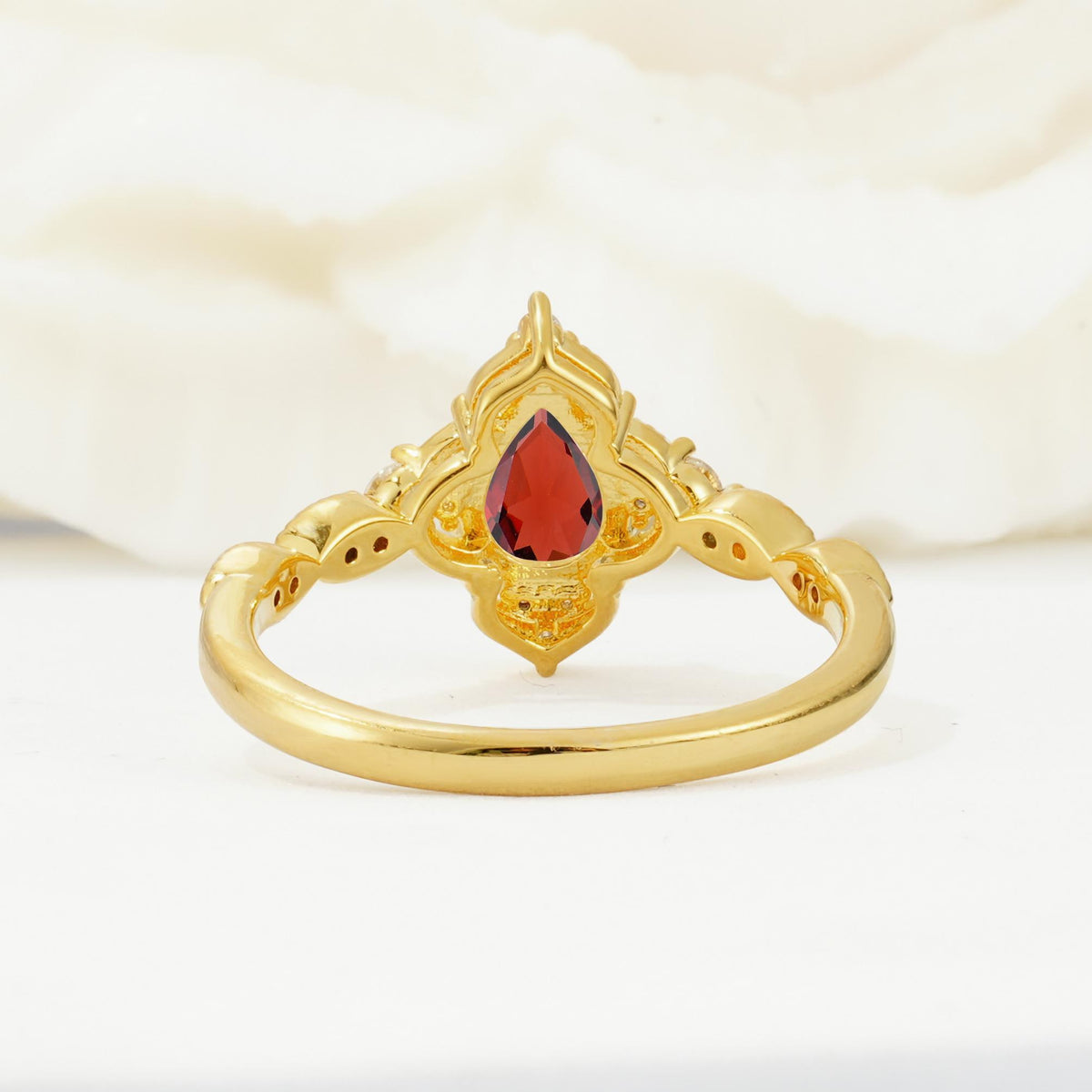 Vintage Pear Cut Garnet Scalloped Halo Engagement Ring - Additional view