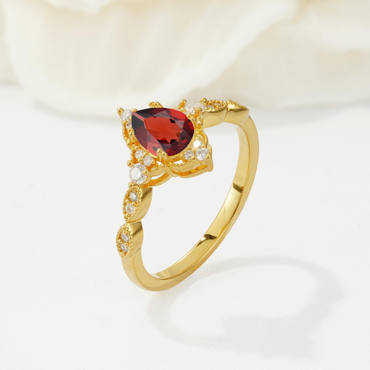 Vintage Pear Cut Garnet Scalloped Halo Engagement Ring - Additional view