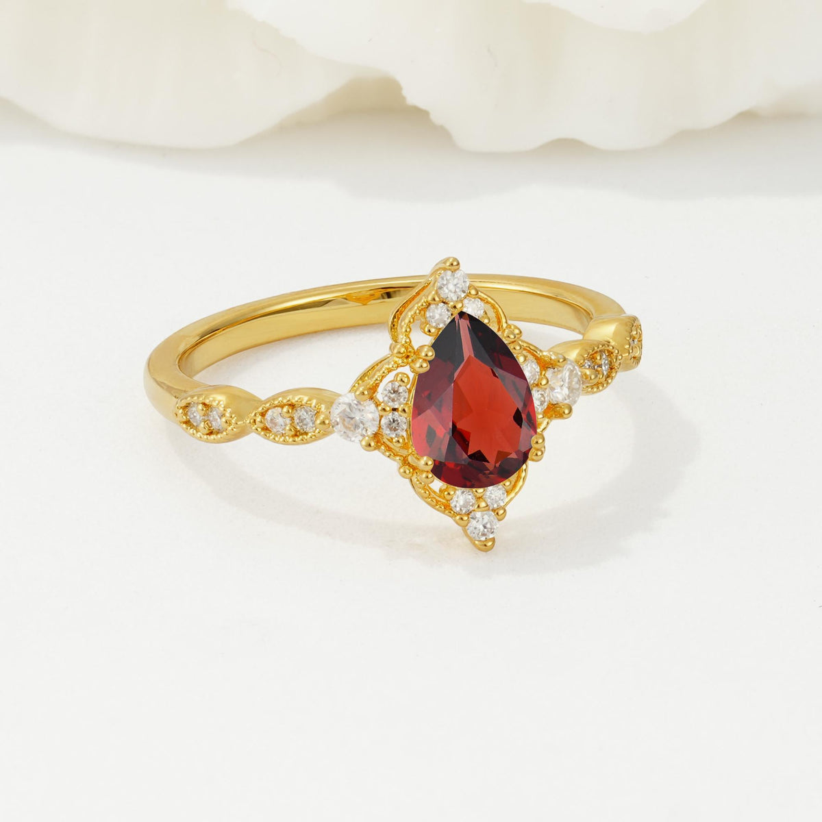 Vintage Pear Cut Garnet Scalloped Halo Engagement Ring - Additional view