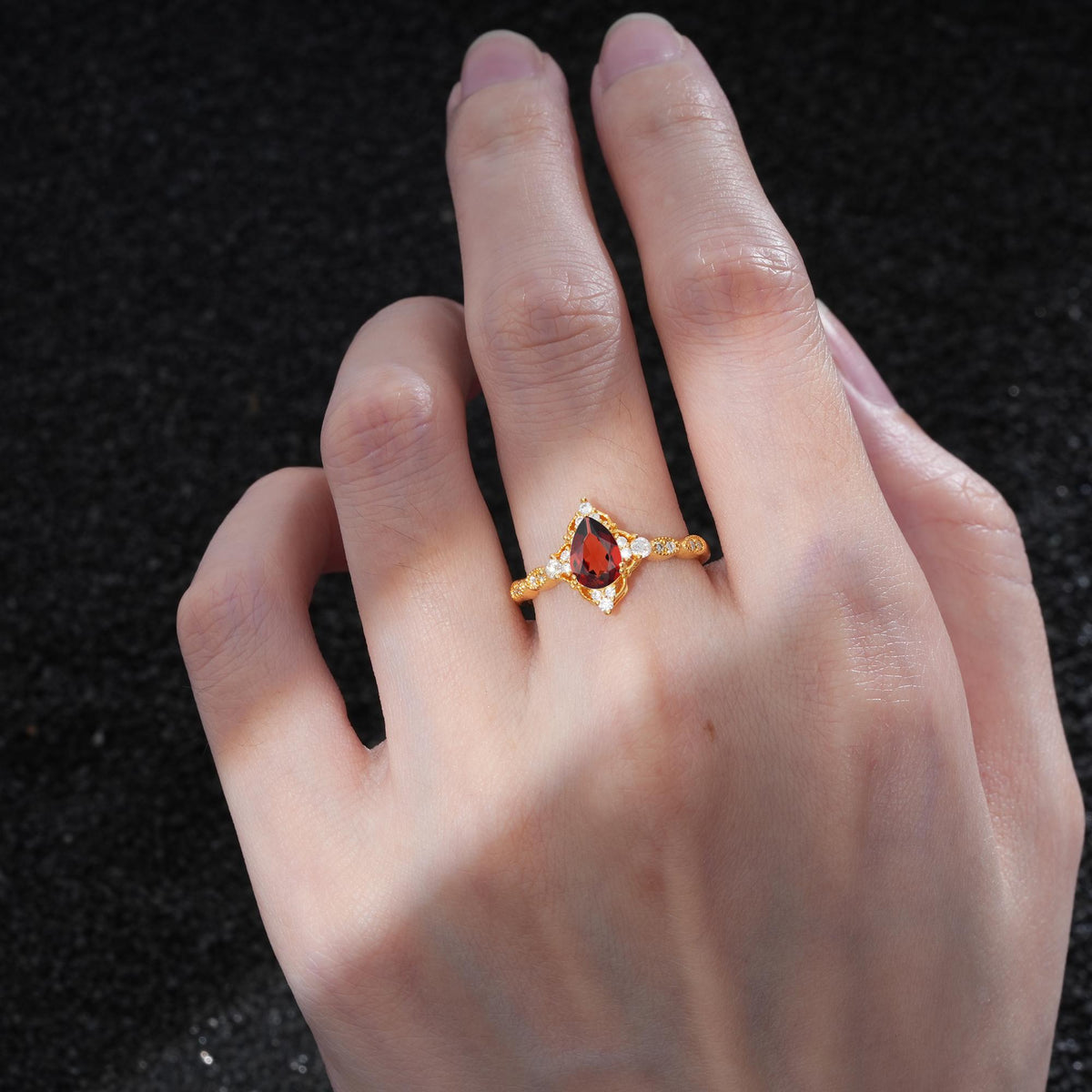 Vintage Pear Cut Garnet Scalloped Halo Engagement Ring - Additional view