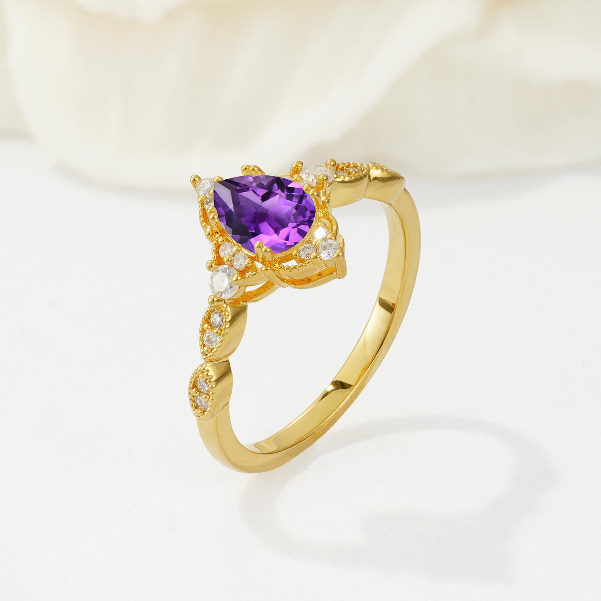 Vintage Pear Cut Amethyst Scalloped Halo Engagement Ring - Additional view