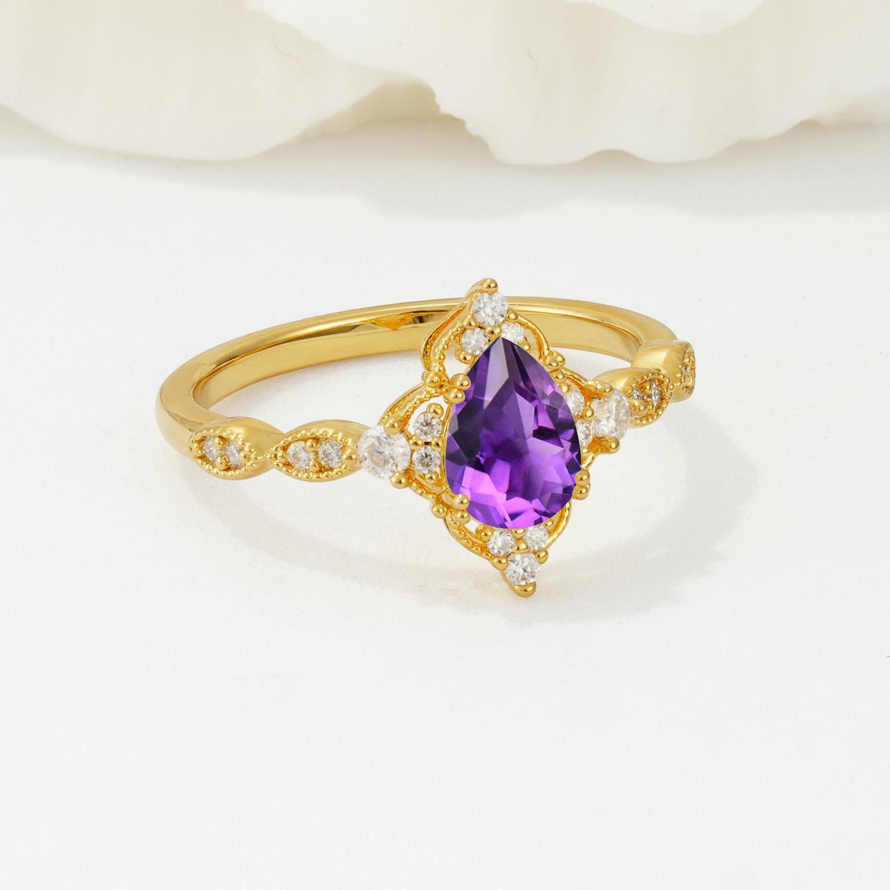 Vintage Pear Cut Amethyst Scalloped Halo Engagement Ring - Additional view