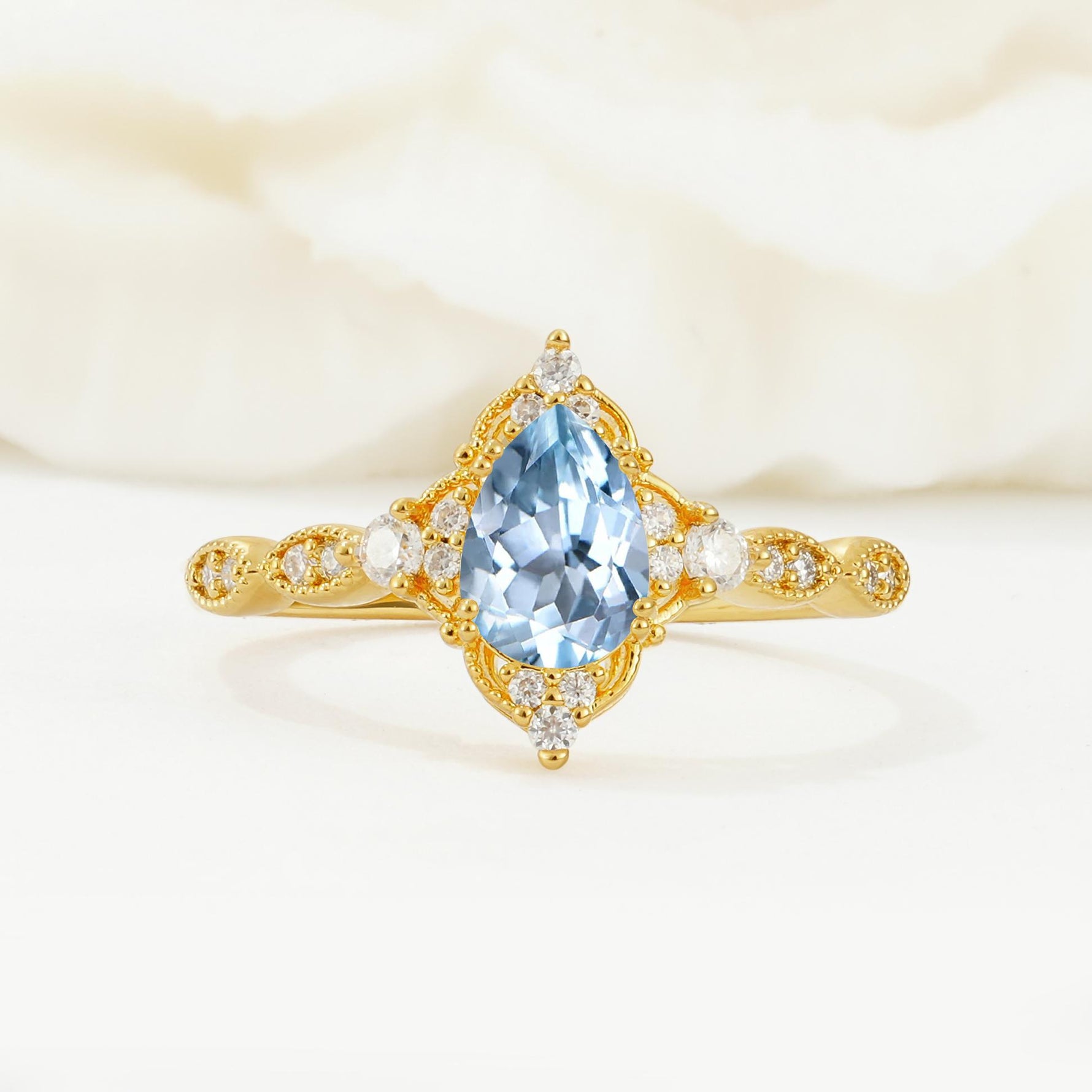 Vintage Pear Cut Aquamarine Scalloped Halo Engagement Ring - Additional view