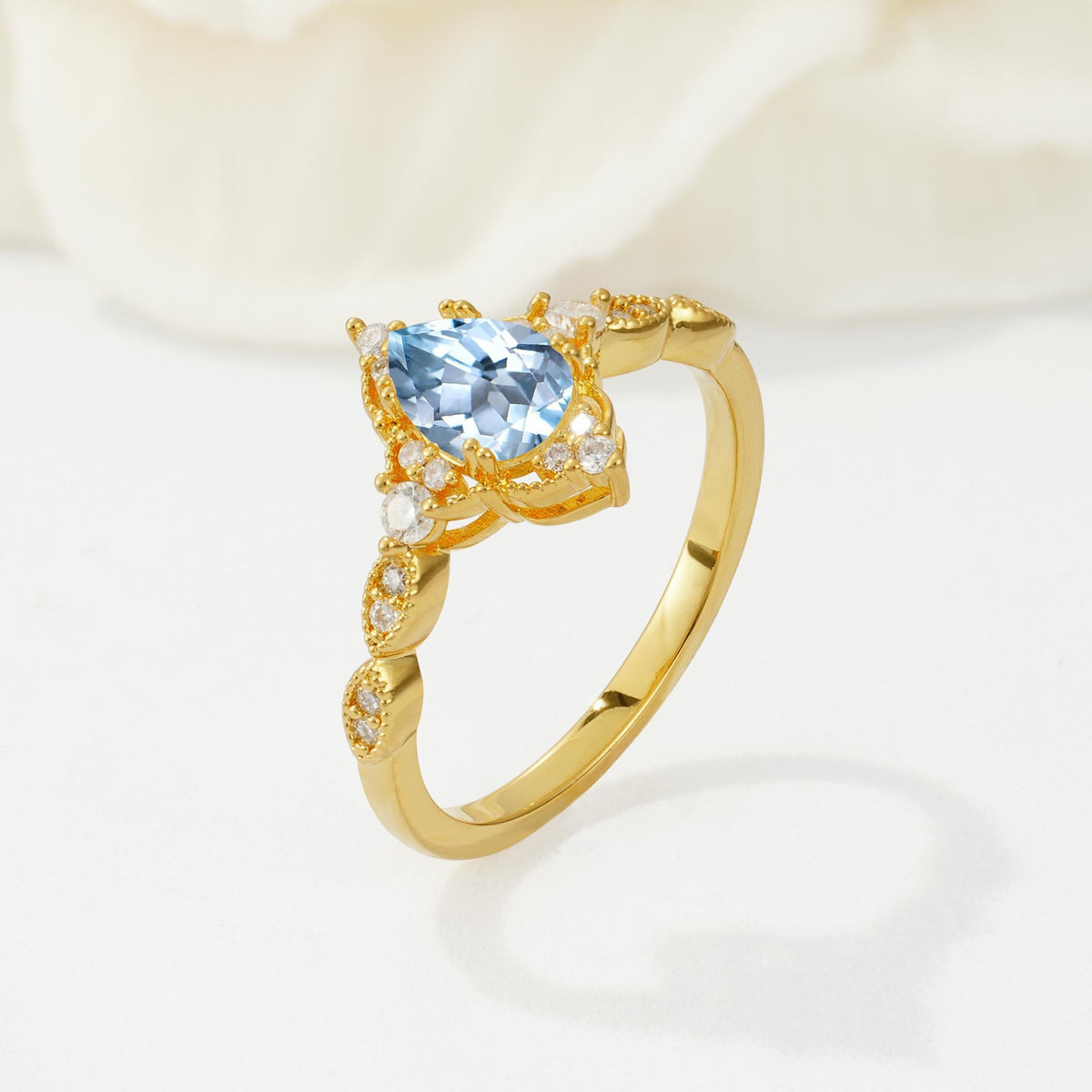 Vintage Pear Cut Aquamarine Scalloped Halo Engagement Ring - Additional view