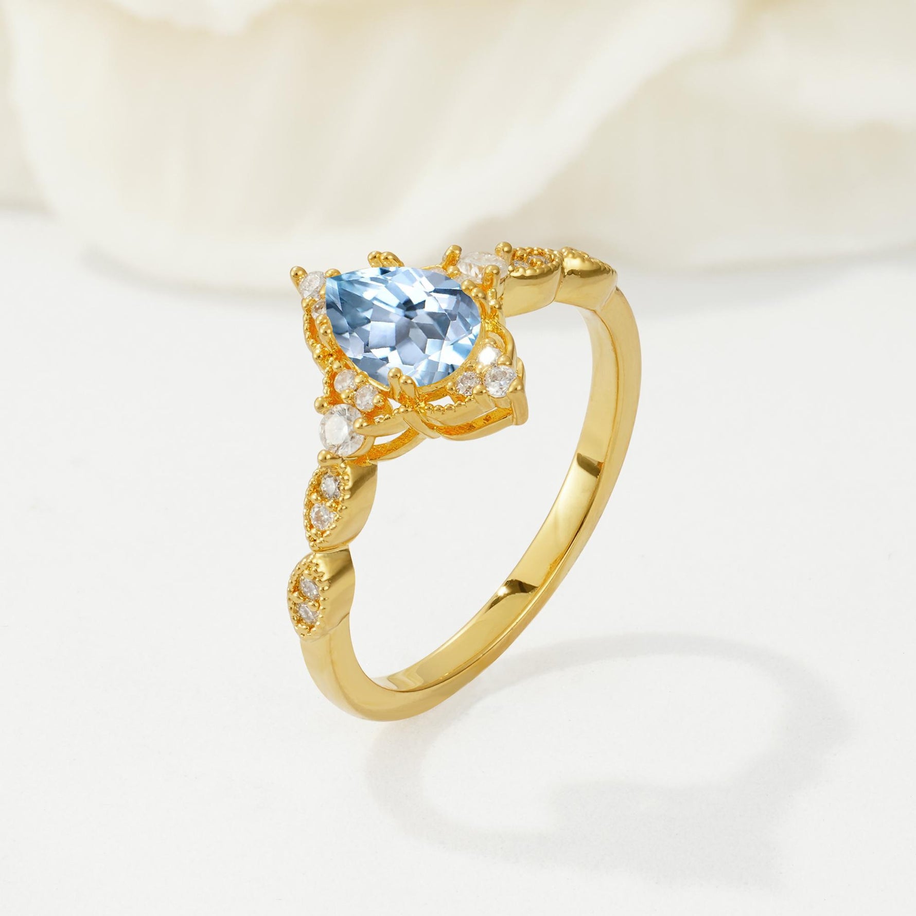 Vintage Pear Cut Aquamarine Scalloped Halo Engagement Ring - Additional view