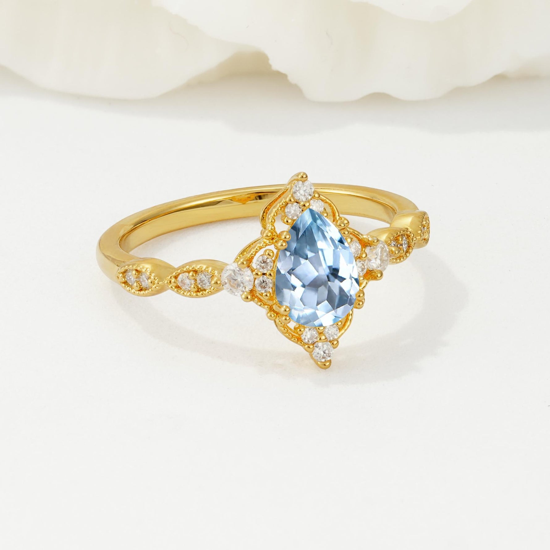 Vintage Pear Cut Aquamarine Scalloped Halo Engagement Ring - Additional view
