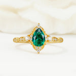 Vintage Pear Cut Emerald Scalloped Halo Engagement Ring - Additional view