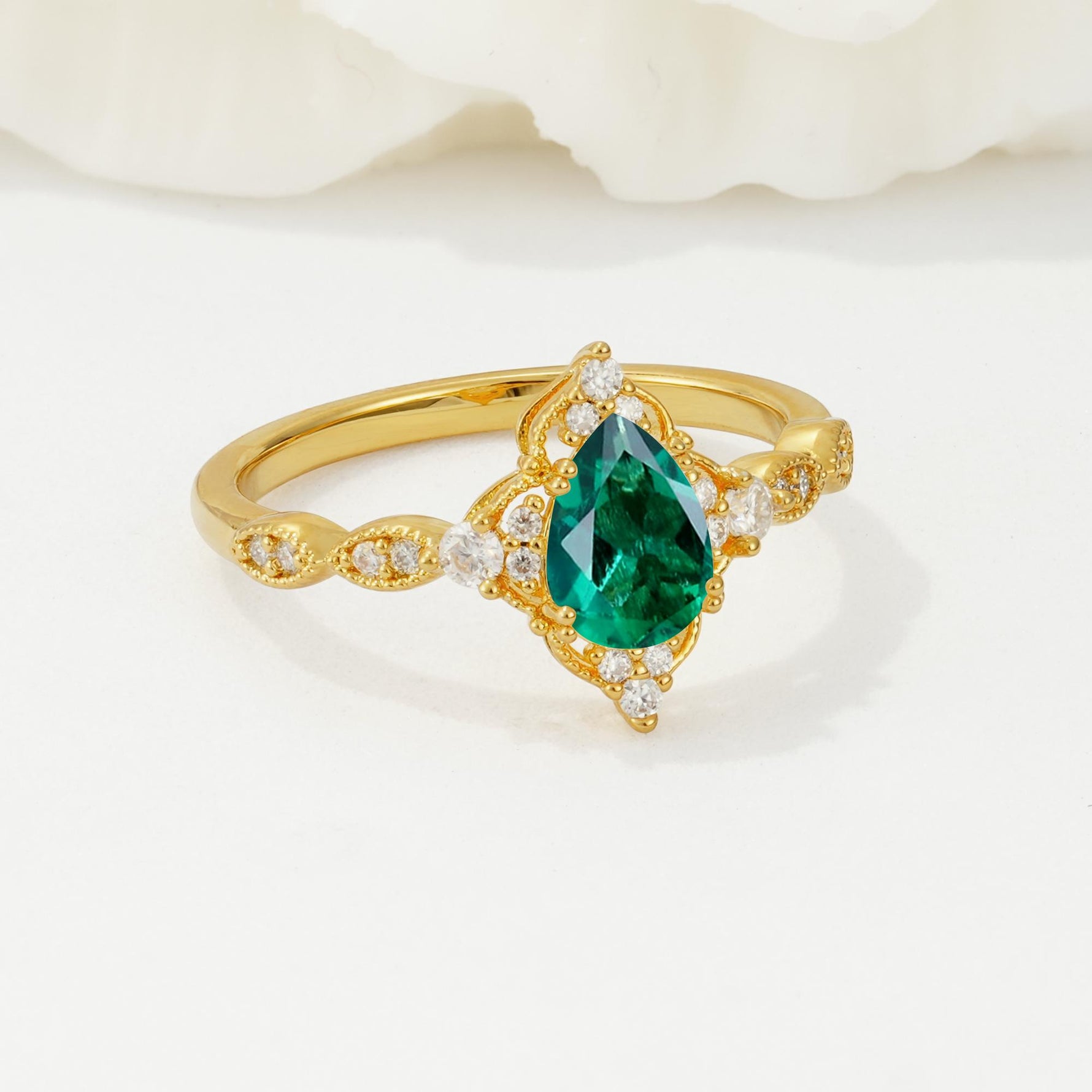 Vintage Pear Cut Emerald Scalloped Halo Engagement Ring - Additional view