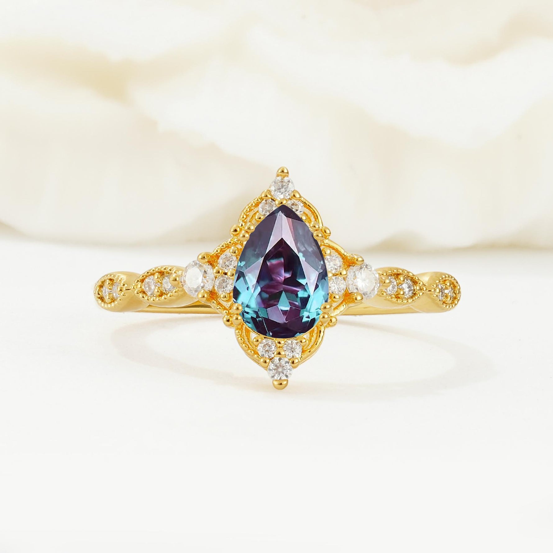 Vintage Pear Cut Alexandrite Scalloped Halo Engagement Ring - Additional view