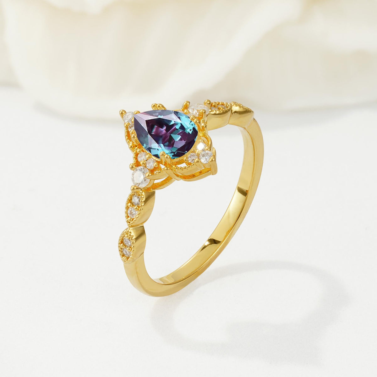 Vintage Pear Cut Alexandrite Scalloped Halo Engagement Ring - Additional view