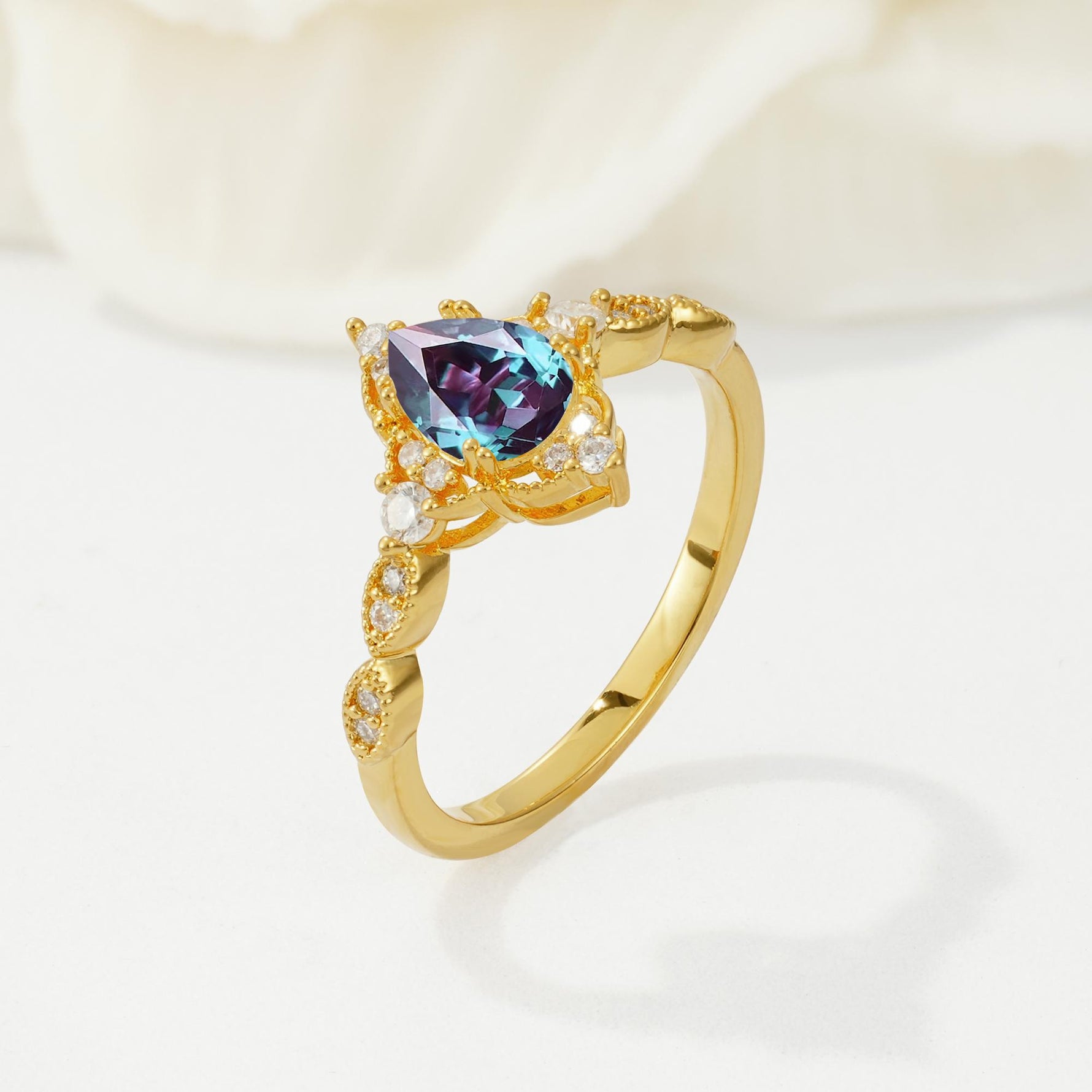 Vintage Pear Cut Alexandrite Scalloped Halo Engagement Ring - Additional view