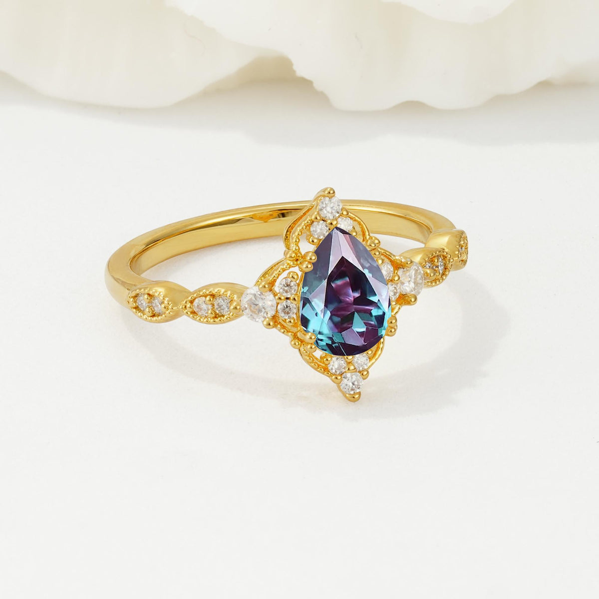 Vintage Pear Cut Alexandrite Scalloped Halo Engagement Ring - Additional view