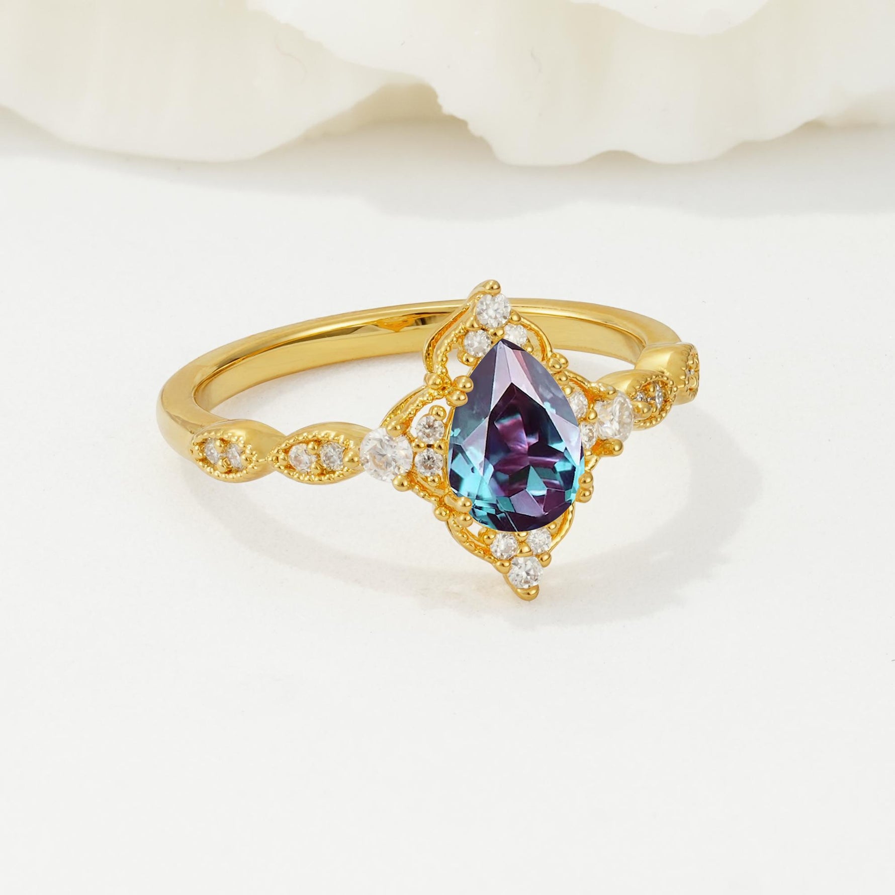 Vintage Pear Cut Alexandrite Scalloped Halo Engagement Ring - Additional view