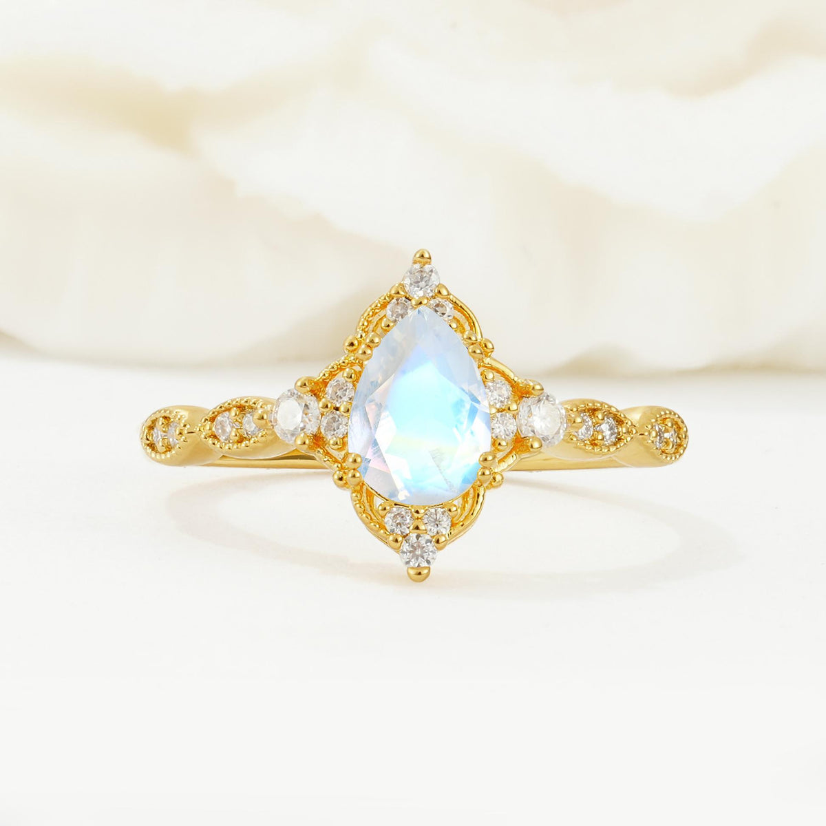 Vintage Pear Cut Moonstone Scalloped Halo Engagement Ring - Additional view