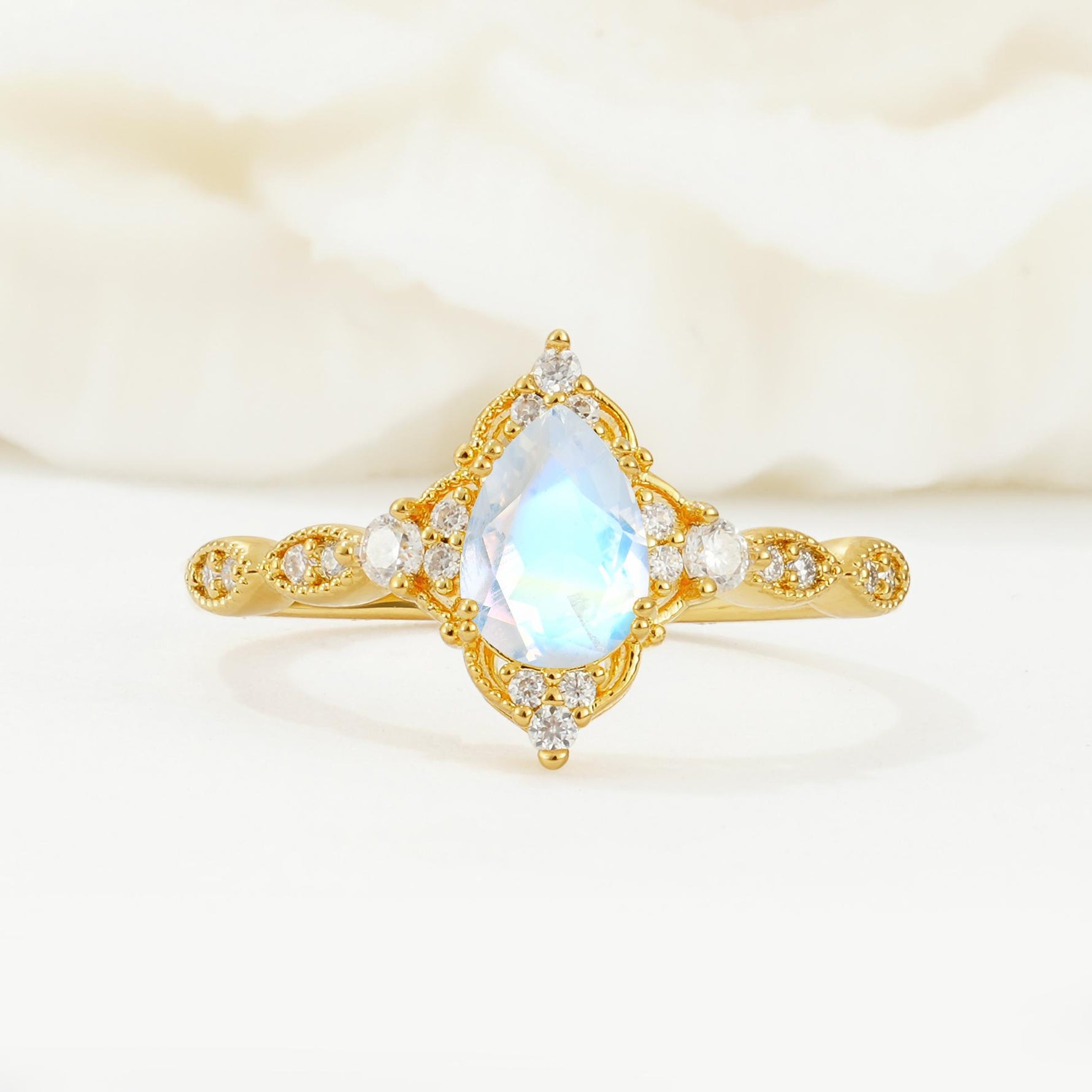 Vintage Pear Cut Moonstone Scalloped Halo Engagement Ring - Additional view