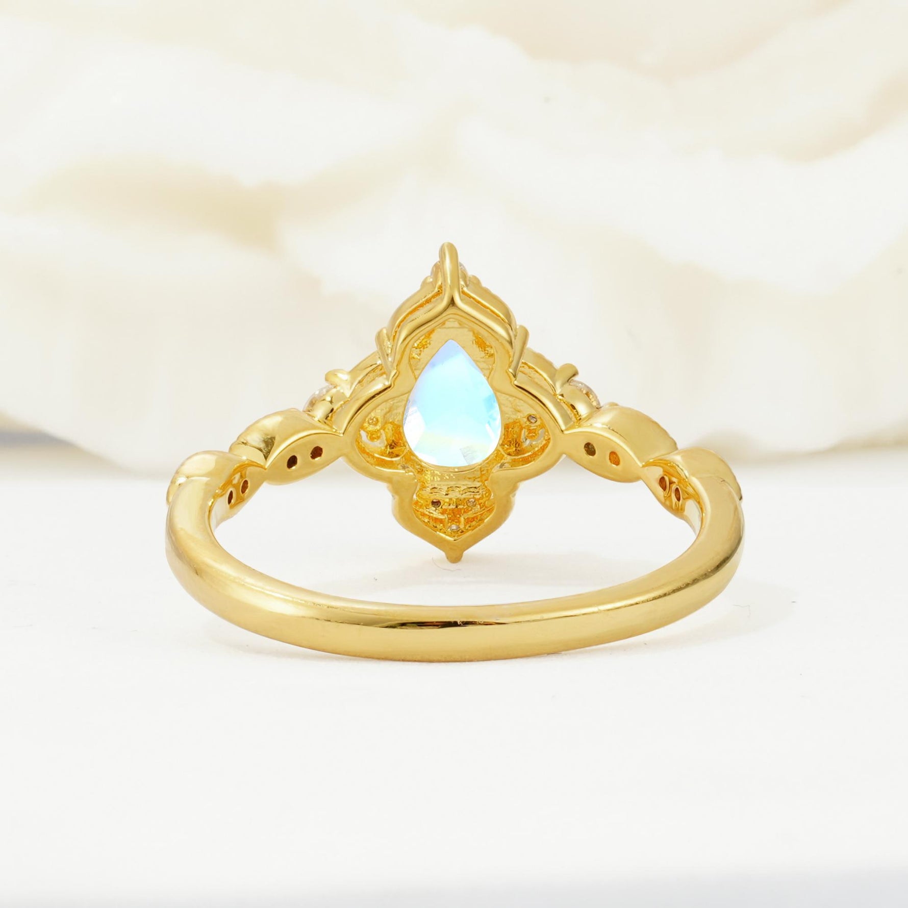 Vintage Pear Cut Moonstone Scalloped Halo Engagement Ring - Additional view