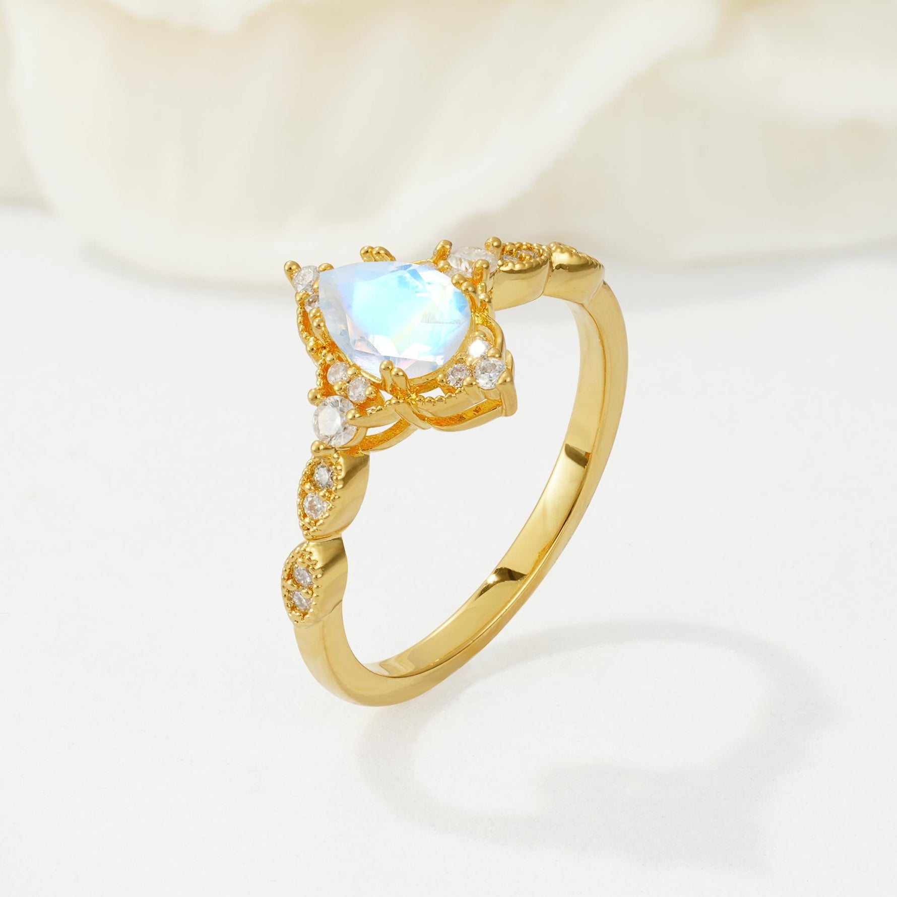 Vintage Pear Cut Moonstone Scalloped Halo Engagement Ring - Additional view