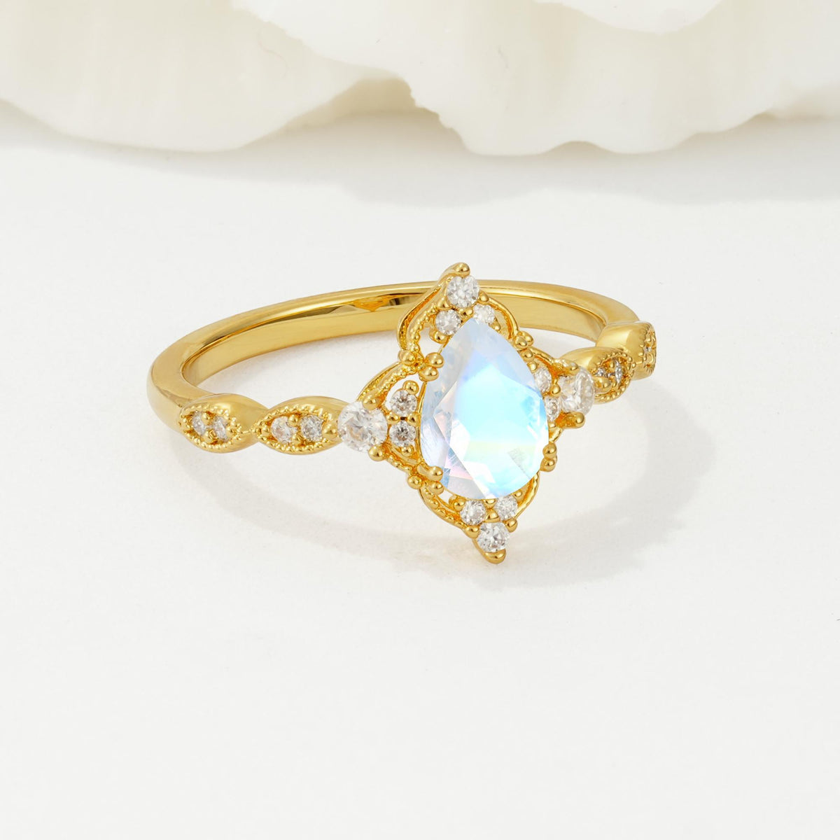 Vintage Pear Cut Moonstone Scalloped Halo Engagement Ring - Additional view