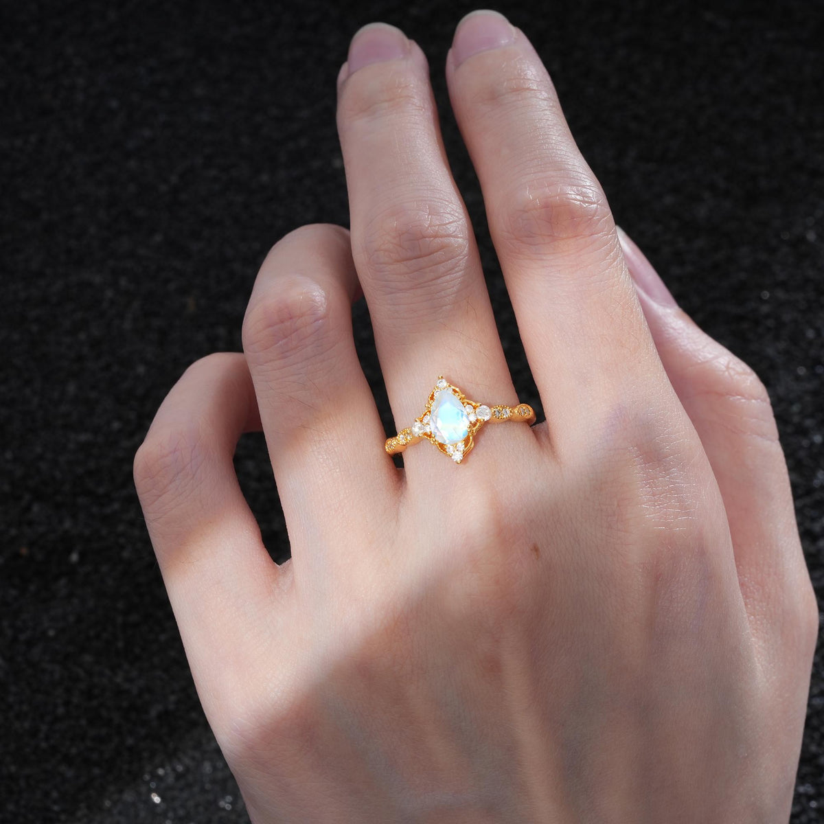 Vintage Pear Cut Moonstone Scalloped Halo Engagement Ring - Additional view
