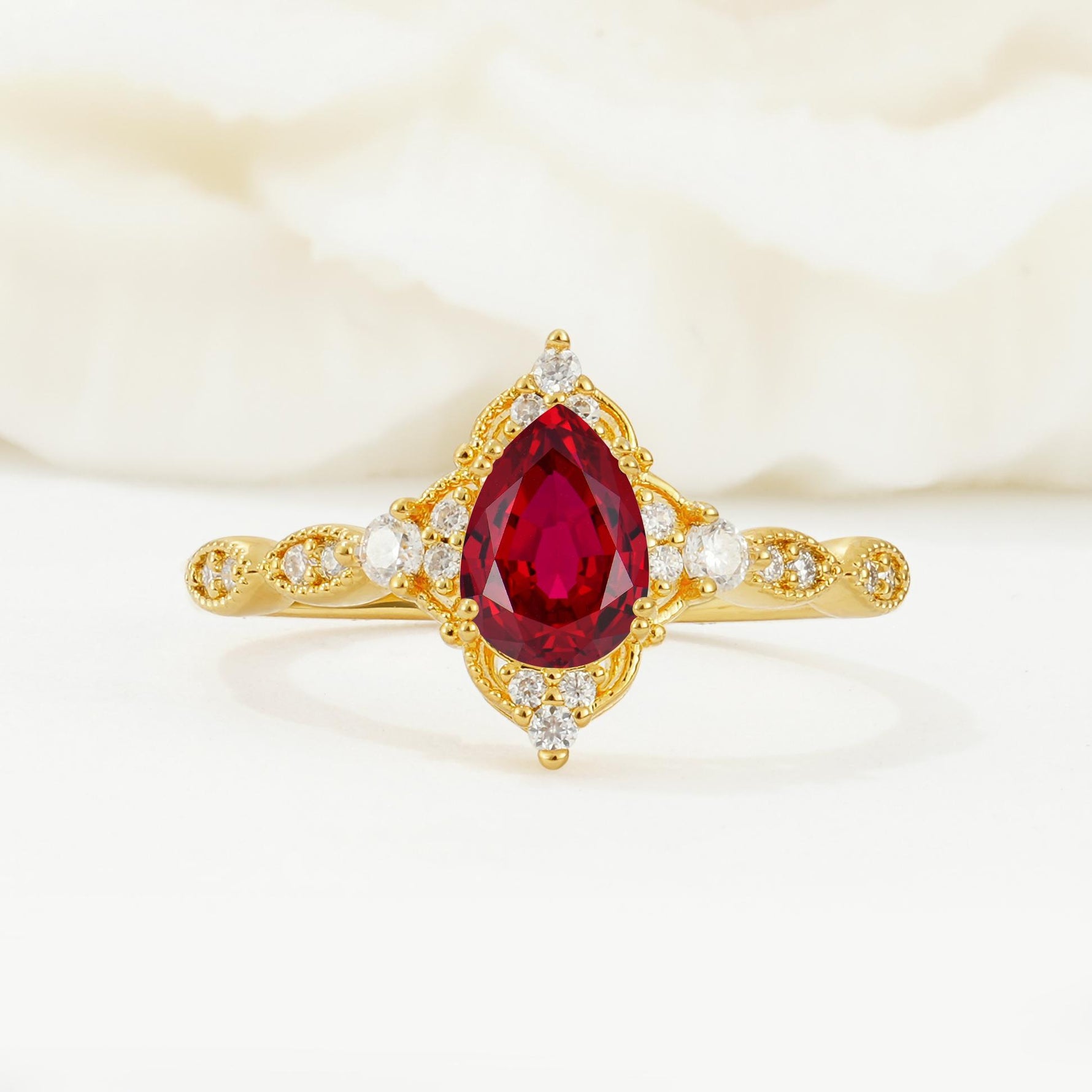 Vintage Pear Cut Ruby Scalloped Halo Engagement Ring - Additional view