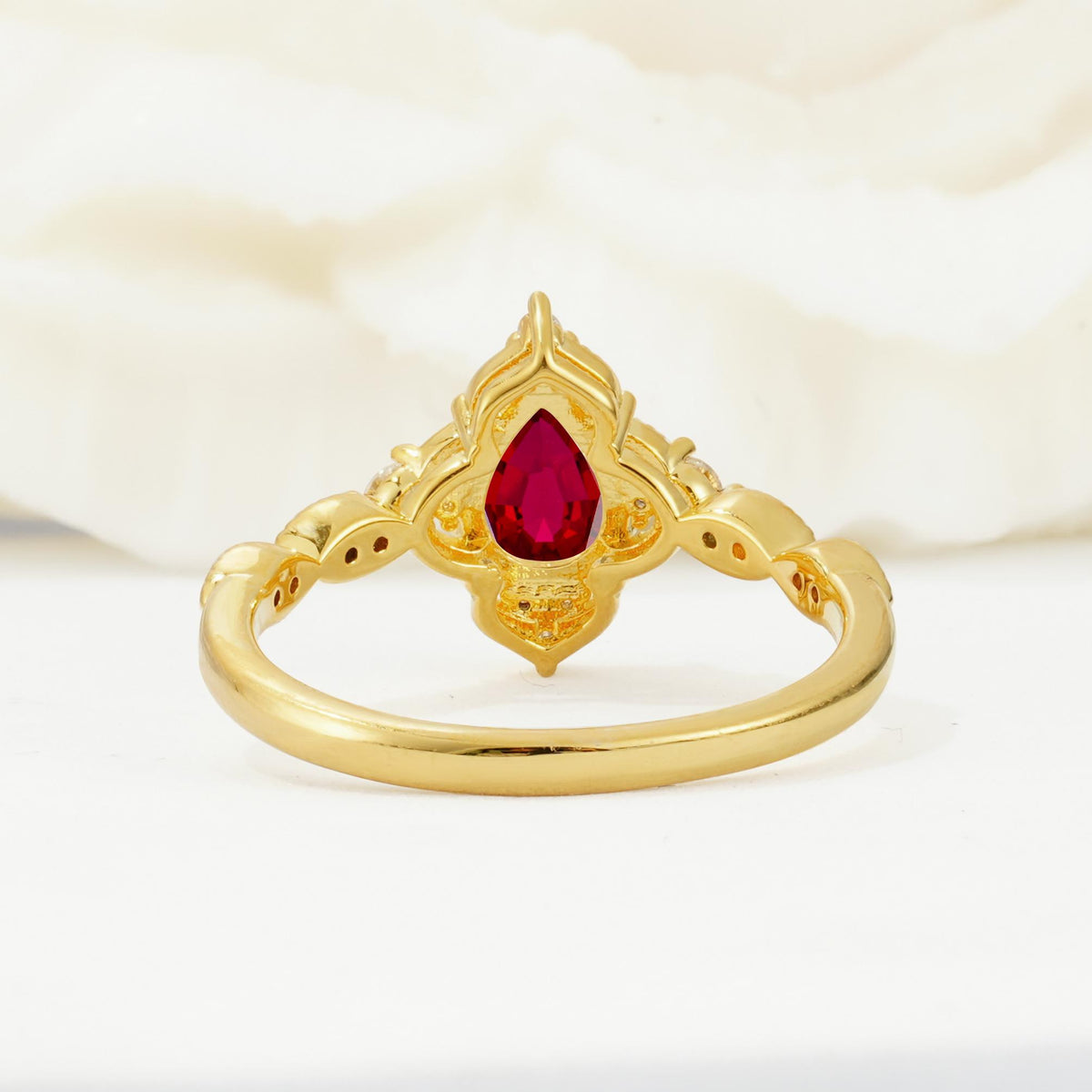 Vintage Pear Cut Ruby Scalloped Halo Engagement Ring - Additional view