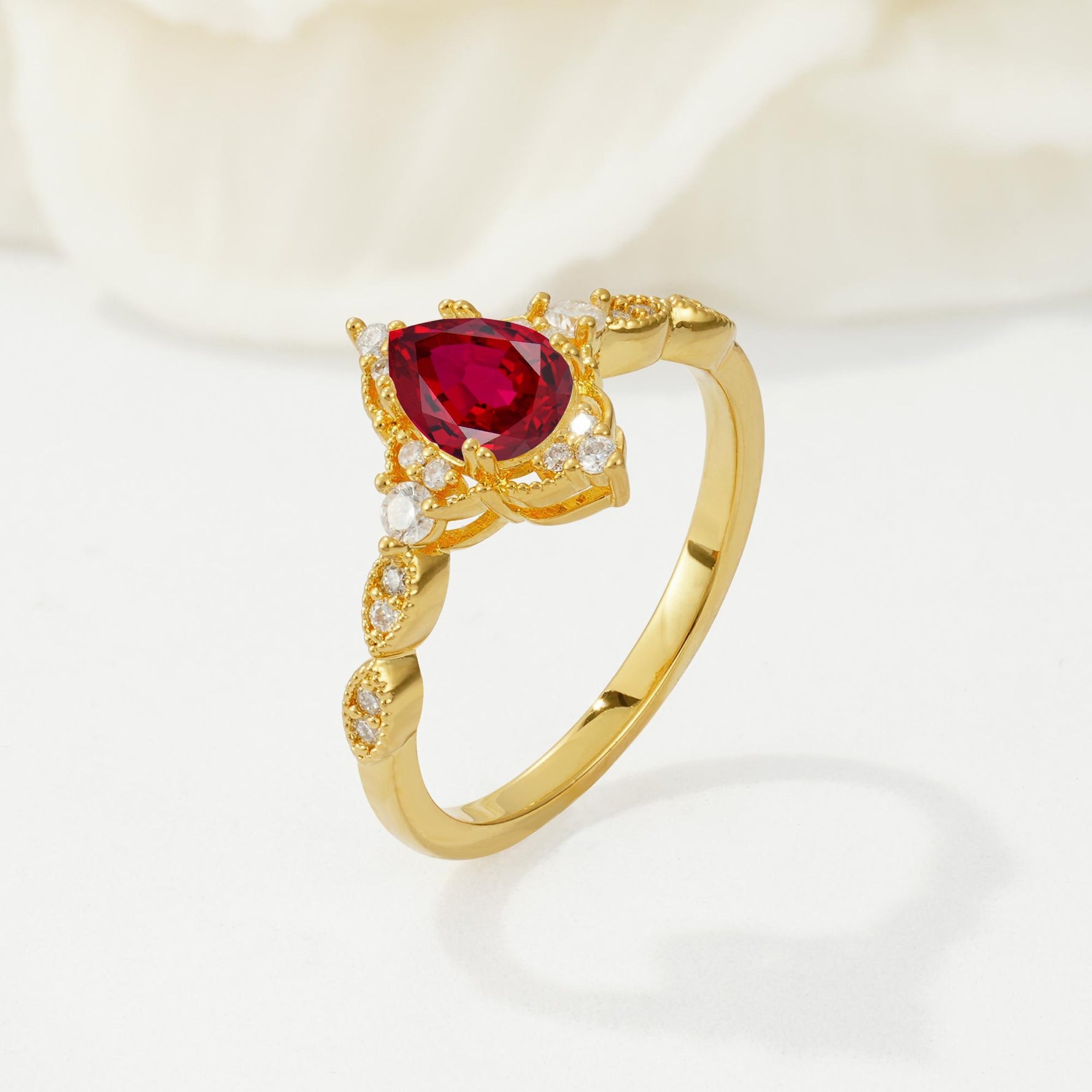 Vintage Pear Cut Ruby Scalloped Halo Engagement Ring - Additional view