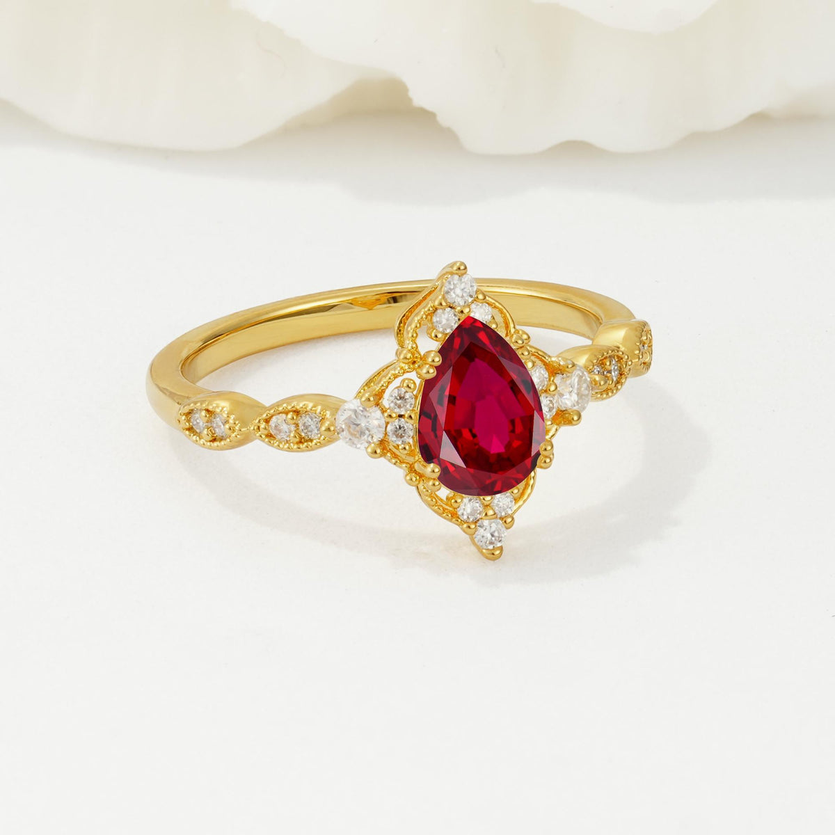 Vintage Pear Cut Ruby Scalloped Halo Engagement Ring - Additional view