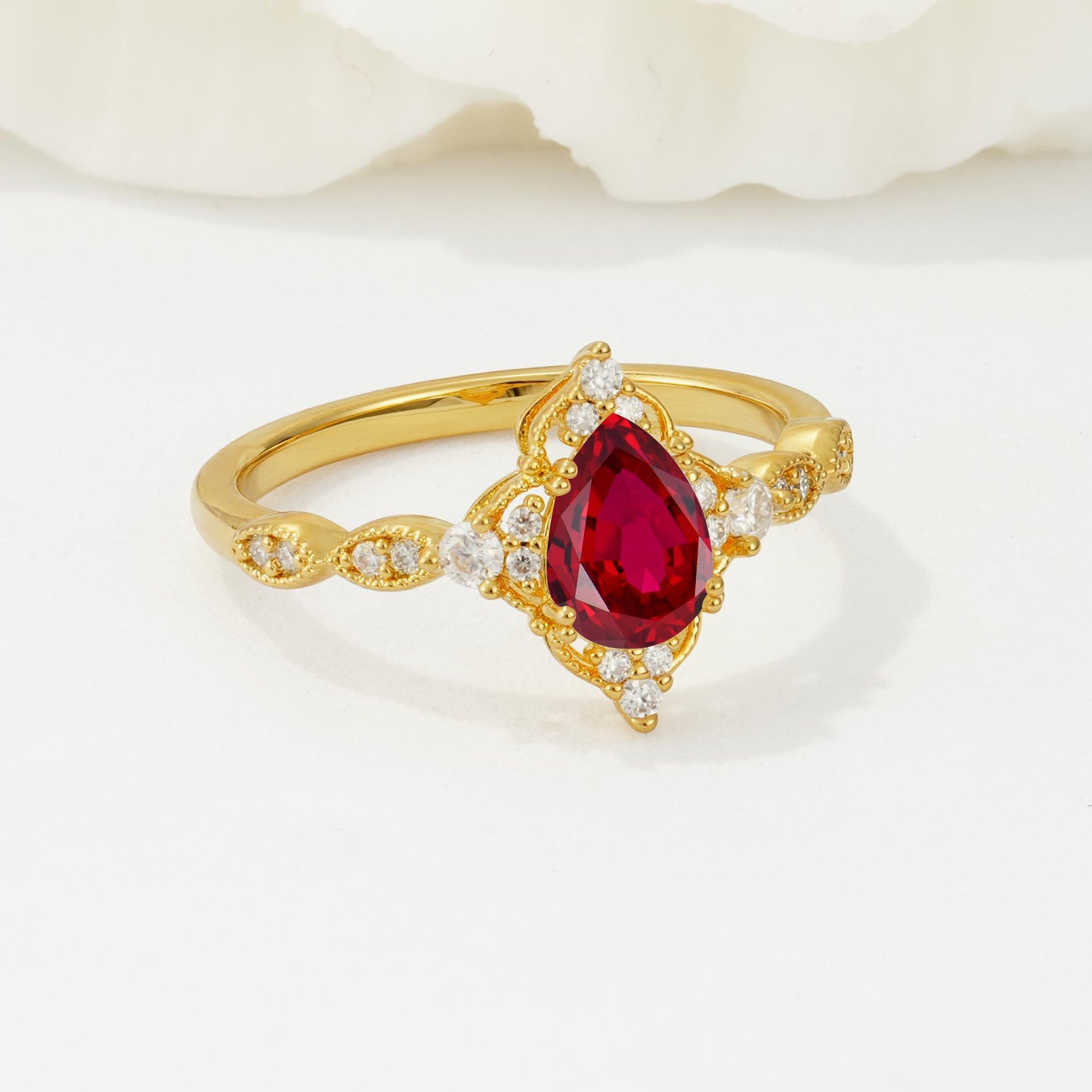Vintage Pear Cut Ruby Scalloped Halo Engagement Ring - Additional view